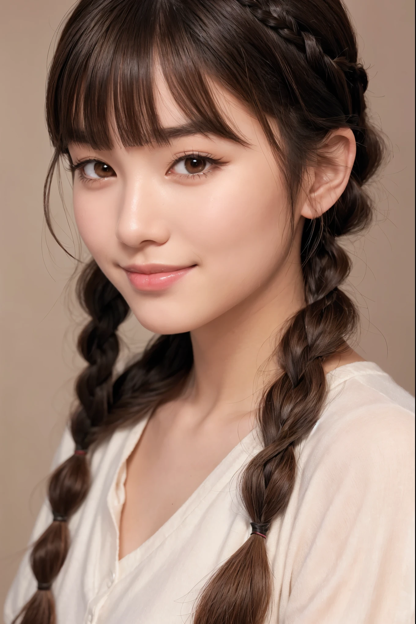 Realistic, masterpiece, highest quality, highest resolution, one japanese woman, A happy smile, beautiful detailed eyes, black eyes, thin eyebrows, Make your eyelashes delicate, false eyelashes, natural makeup, (braid hair, blunt bangs, brown hair:1.2), detailed face, He looks slightly to the side, but is always looking at the viewer., simple design red color shirt, upper body photo, portrait background, simple design accessories
