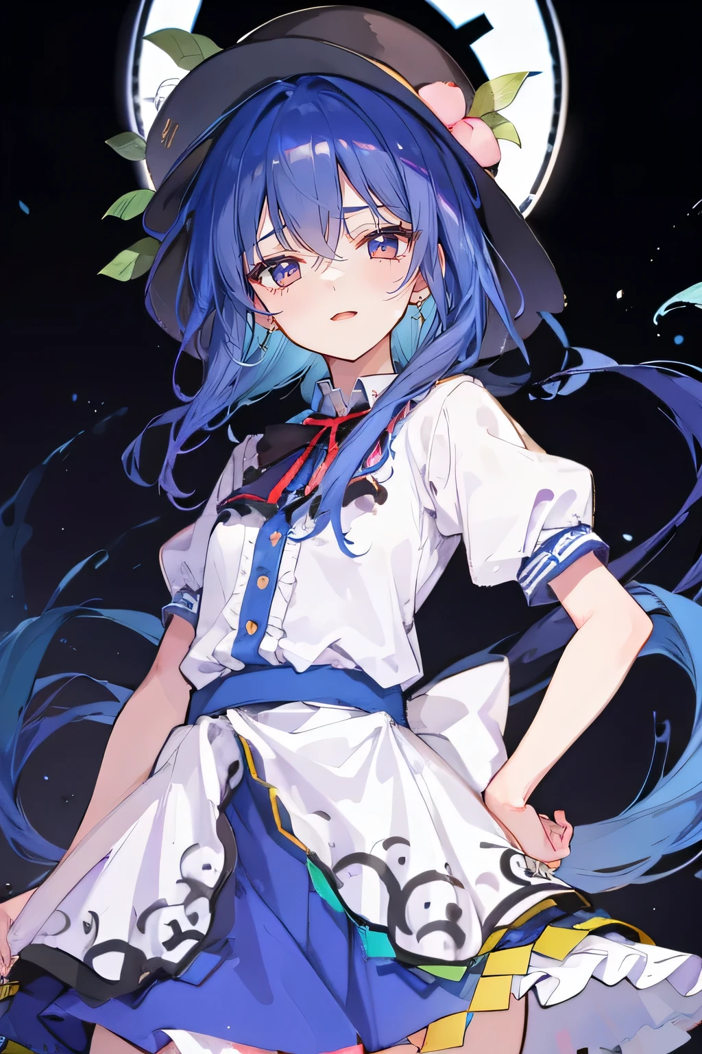 (best quality, masterpiece:1.2), expressive eyes, perfect face, 1 girl, hands on waist, beautiful, gorgeous, Japanese animation, girl, Lola, Chukan Tenshi, blue hair, blue-haired, floating clothes, waist grab, waist grab, hands on hips, hands on hips, flat-chested, sleeping
