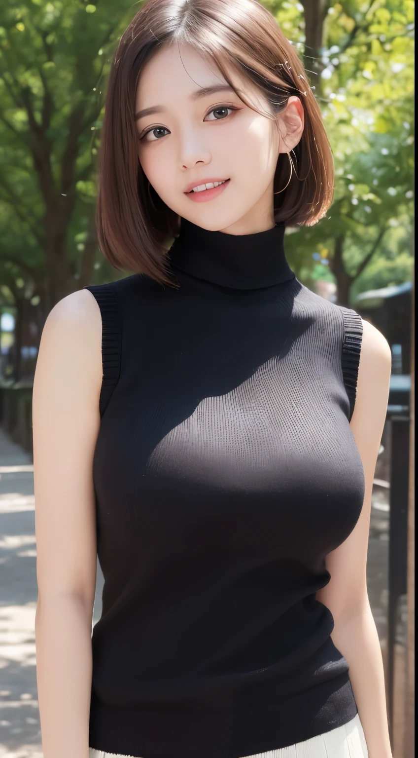 masutepiece、Best Quality、Illustration、 ultra-detailliert、hight resolution、8K Wallpapers、Perfect dynamic composition,、Beautiful detailed eyeedium Hair、(Beautiful Large Breasts:1.3)、Natural Color Lip、Bold sexy poses、Smile、Harajuku、20 years girl、Cute、Sexy shot looking at camera、(top-quality: 1.3), (masterpiece: 1.3), (Super Detail: 1.3), (wall-paper, one girls: 1.1)、(Detailed hands and fingers:1.2)、(Detailed ultra-oily shiny skin:1.1)、oily shiny thighhigh、(Perfect beautiful black sleeveless high neck knit top:1.4)、lether skirt、Brown hair、short-hair、bouncing hair、Beautiful sister、(a park:1.2)、(Beautiful Large Breasts:1.2) 、((lie on back)),Raising arms