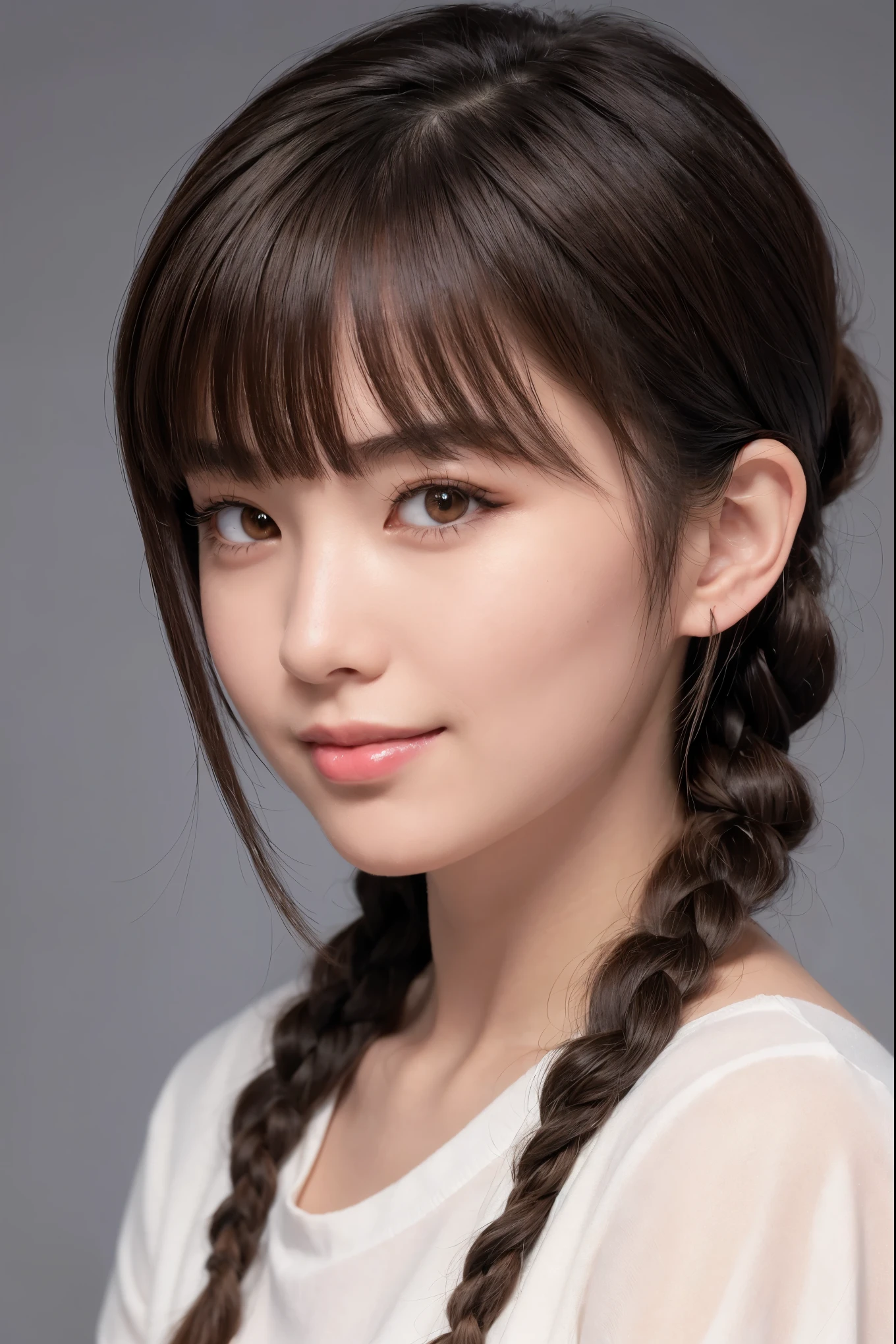 Realistic, masterpiece, highest quality, highest resolution, one japanese woman, A happy smile, beautiful detailed eyes, black eyes, thin eyebrows, Make your eyelashes delicate, false eyelashes, natural makeup, (braid hair, blunt bangs, brown hair:1.2), detailed face, He looks slightly to the side, but is always looking at the viewer., simple design red color shirt, upper body photo, portrait background, simple design accessories
