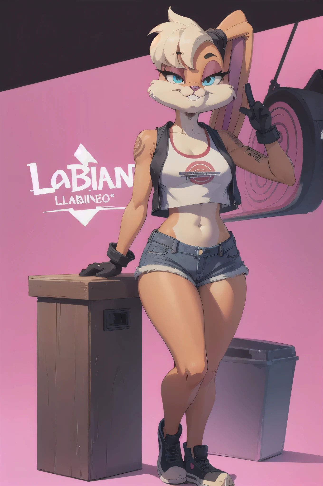 lollabanni, furry, animal nose, cartoon character, full body with tattoos, short black jean shorts, black biker leather gloves, black tank top, black sexy clothes, leg tattoos, bunny ears, looking at viewer, posing for camera, pink background, high quality, masterpiece