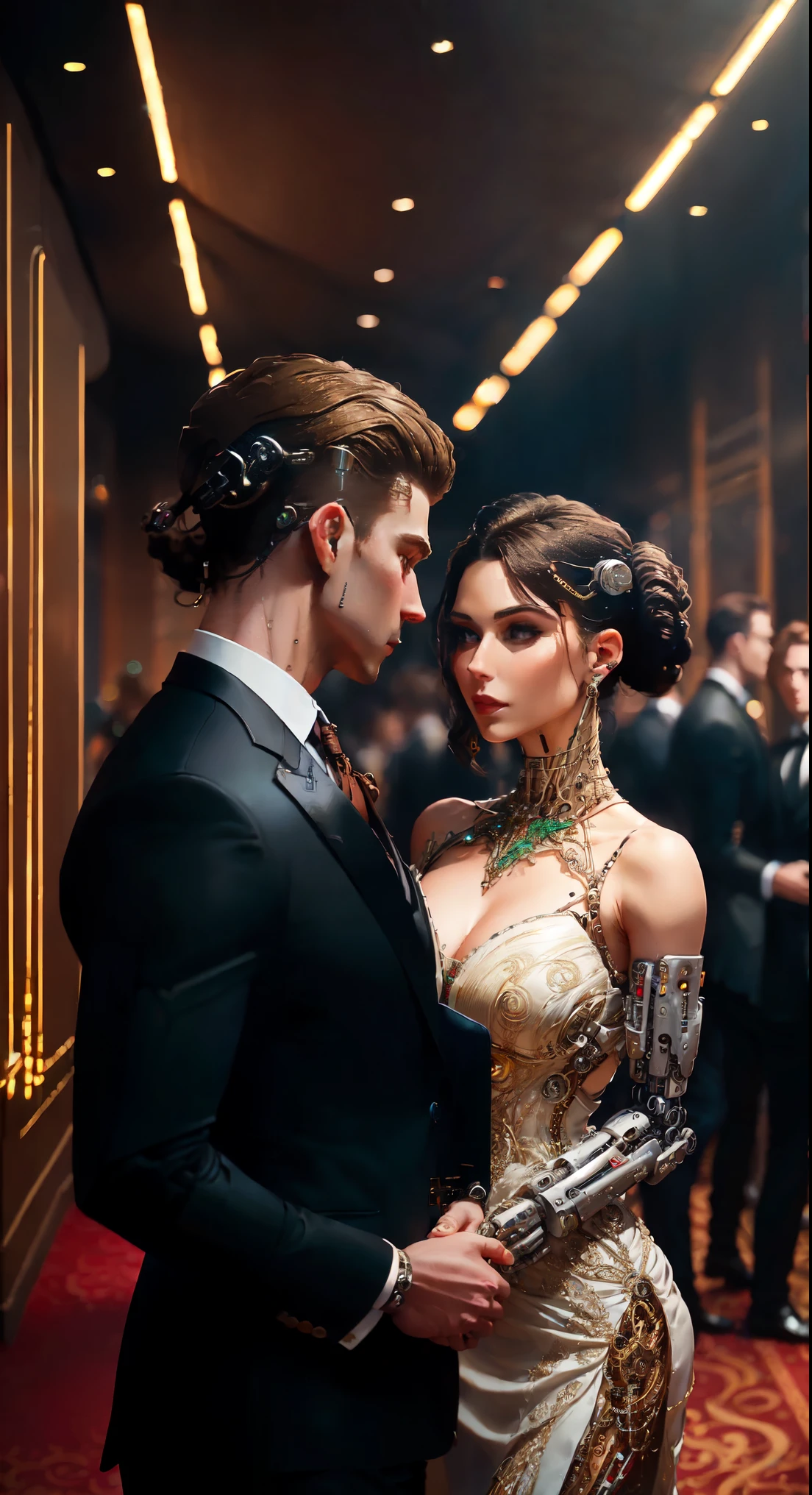 A charity event in an elite hall. Close-up, view slightly from above.
In the center of attention are elegant ladies in luxurious evening dresses, they are accompanied by respectable wealthy men in expensive suits. High hairstyles of ladies are decorated with shining accessories, creating a sense of festive atmosphere.
Among the guests one can notice several skillfully disguised cyborgs, whose mechanical parts are skillfully woven into their images, blending in with their surroundings. One of them, Alexander, lingers his gaze on a charming guest named Victoria, sensing something familiar about her.
A casual conversation ensues between Alexander aA charity event in an elite hall. Close-up, view slightly from above.
In the center of attention are elegant ladies in luxurious evening dresses, they are accompanied by respectable wealthy men in expensive suits. High hairstyles of ladies are decorated with shining accessories, creating a sense of festive atmosphere.
Among the guests one can notice several skillfully disguised cyborgs, whose mechanical parts are skillfully woven into their images, blending in with their surroundings. One of them, Alexander, lingers his gaze on a charming guest named Victoria, sensing something familiar about her.
A casual conversation ensues between Alexand Victoria, in which their hidden past gradually reveals itself. Despite the elite setting, their interaction is filled with personal charm and hidden passion.
The overall atmosphere of the evening is festive and celebratory, filled with a sense of charity and the high status of the guests. However, the focus is on the secret relationship between two cyborgs whose bond goes beyond mere human interaction, best quality, high quality, absurdres, masterpiece, beautiful, intricate details, 1/2 body crop, slim body, beautiful figure, magnificent anatomy, (intricate details:1.12), HDR, (intricate details, hyper-detailing:1.15), (natural skin textures, hyper realisitc, soft light, Sharp:1.2)