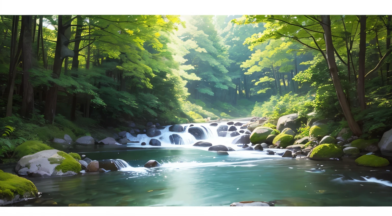 I took a photo of a peaceful moment spent in nature..。wood々Imagine a peaceful landscape bathed in soft morning light.。.。a gentle meandering stream、Surrounded by lush greenery。The overall atmosphere is calm and connected to the natural world.、Highlights the beauty and serenity of outdoor moments。