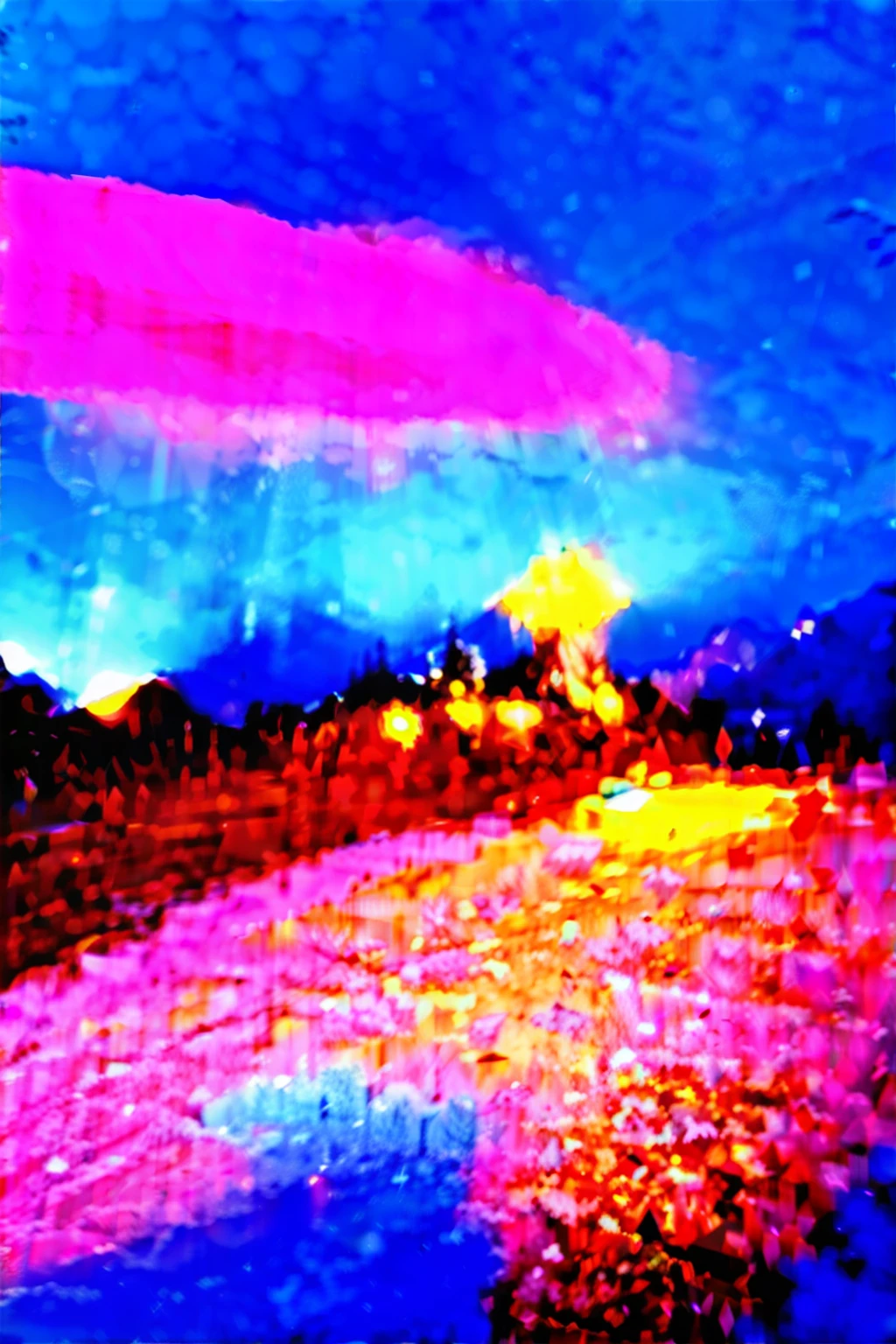 Pink aurora in white snow, snow mountain,river,snowstorm,colorful stars twinkling, Unreal Engine, 8K HD, HD. --ar 9:16