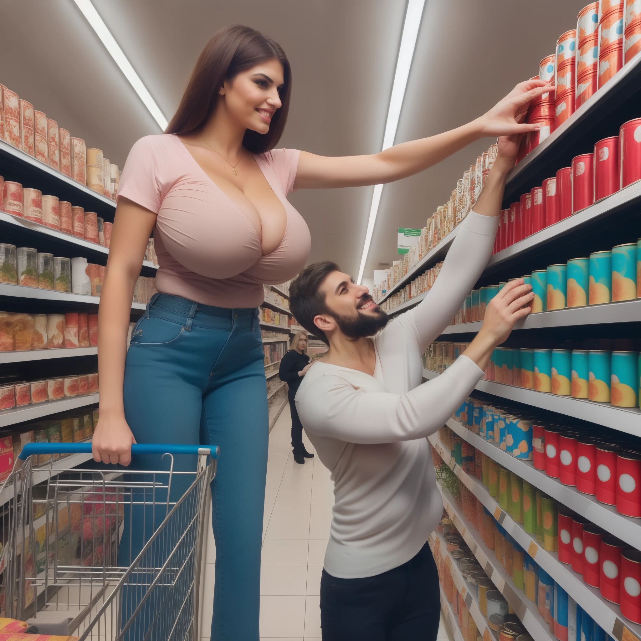 plain pale pink blouse, (big giant enormous oversized massive huge colossal breasts:1.5), (gigantic sagging breasts:1.5), very long hair, husband