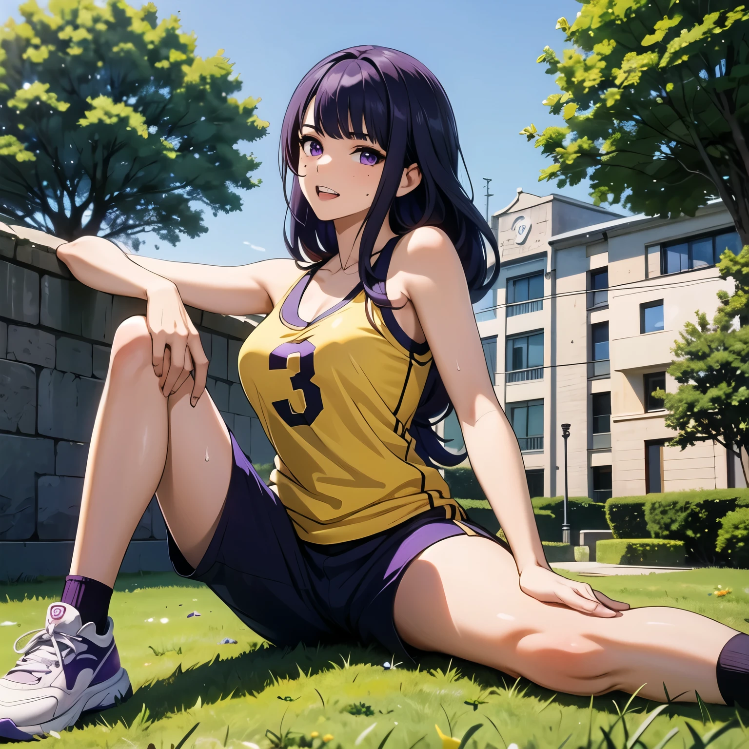 raiden shogun,((best quality)), ((masterpiece)), (detailed), perfect face,1girl, solo, long hair, looking at viewer, blush, shirt, purple hair, brown eyes, upper body, teeth,, mole, mole on neck,1girl, solo, breasts, looking at viewer, shirt, black hair, breasts, sitting, outdoors,sky, shorts, sleeveless, alternate costume, tree, hand between legs, yellow shirt, sportswear, gym shorts, basketball uniform, yellow tank top,number 3,sweat,jersey numbber 3,full body,1girl, solo, long hair, breasts, looking at viewer, bangs, large breasts, bare shoulders, sitting, purple eyes, purple hair, outdoors, sky, shoes, teeth, day, pants, mole, tree, mole under eye, grass, sneakers, sportswear, basketball