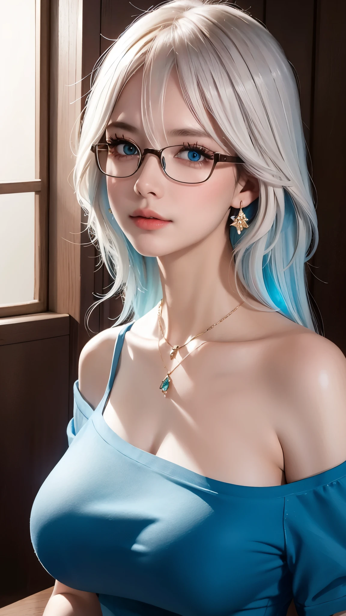 masterpiece, best quality, illustration, saxophone blue hair, platinum earrings, platinum necklace, off shoulder shirt，1 girl, charming, (dynamic lighting:1.2), Cinema lighting, Exquisite facial features, delicate blue eyes, Wear half-rimmed glasses（focus），sharp pupils, realistic student, depth of field, Bokeh, 锐利的focus, (super detailed, bloom, glow:1.4), (huge breasts), (saggy breasts), looking into camera