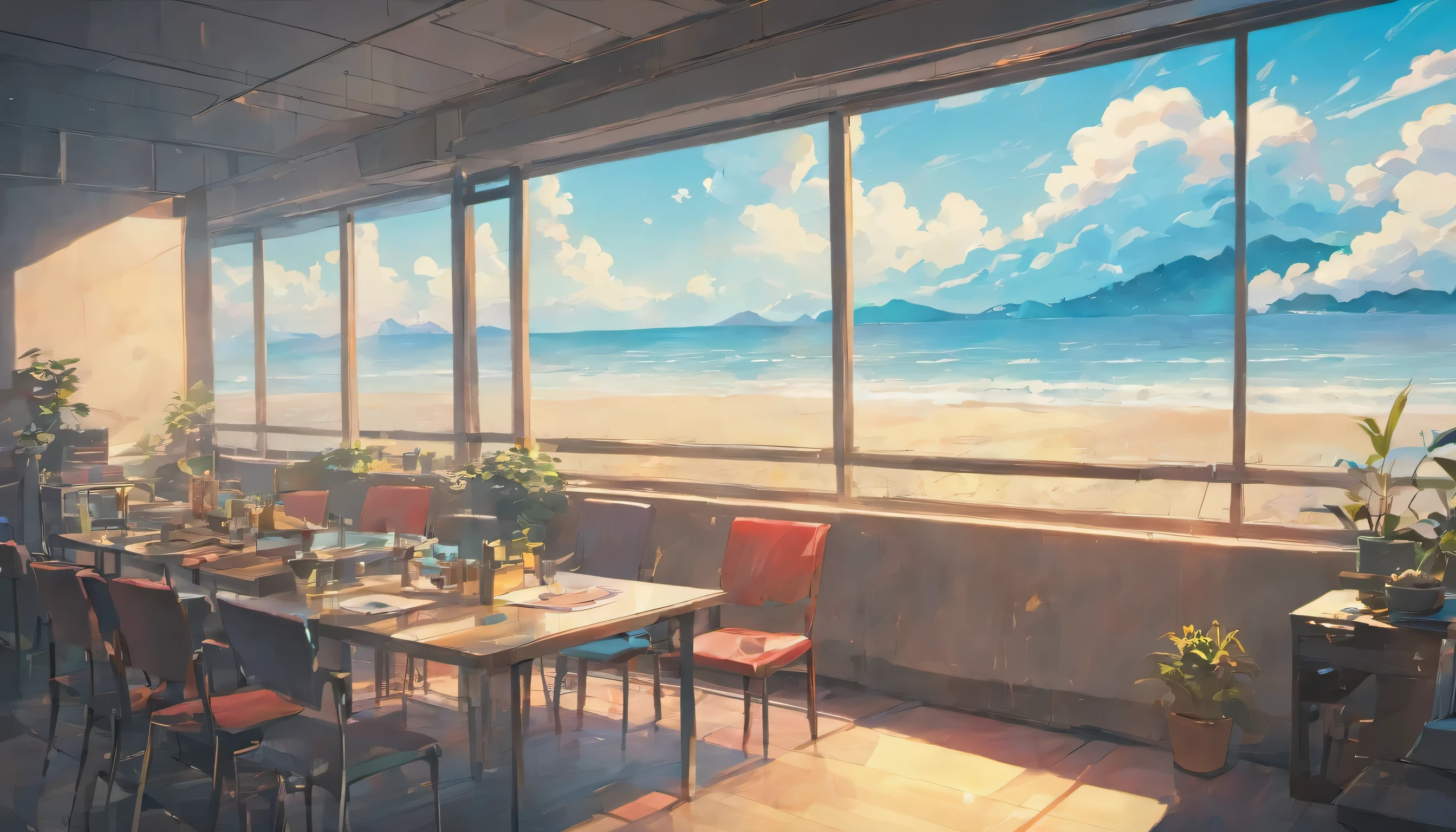 inside in room，windows，Clouds drifted through the window，Indoors and the sea，Postmodern art style，pop-art, no human