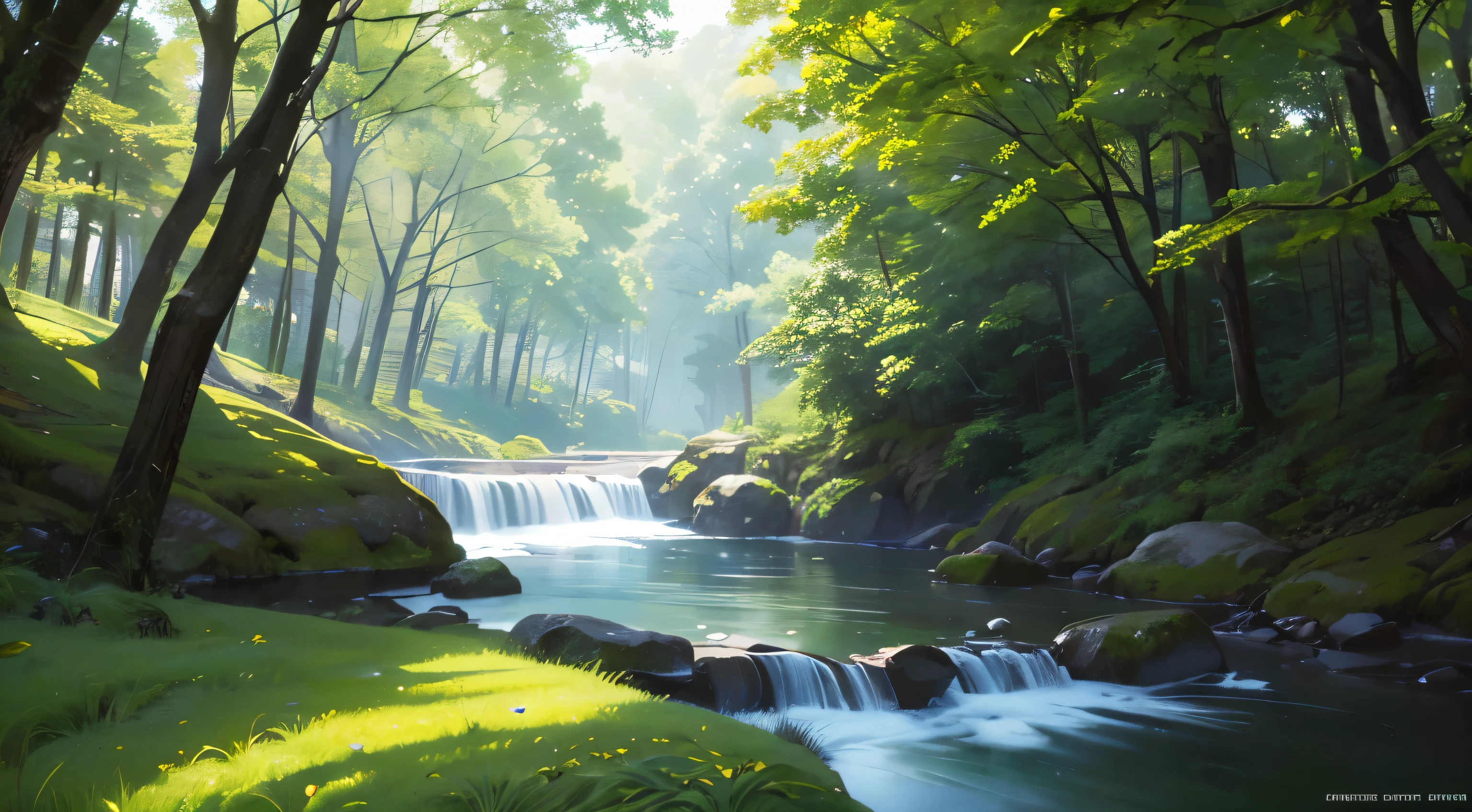 I took a photo of a peaceful moment spent in nature..。wood々Imagine a peaceful landscape bathed in soft morning light.。.。a gentle meandering stream、Surrounded by lush greenery。The overall atmosphere is calm and connected to the natural world.、Highlights the beauty and serenity of outdoor moments。