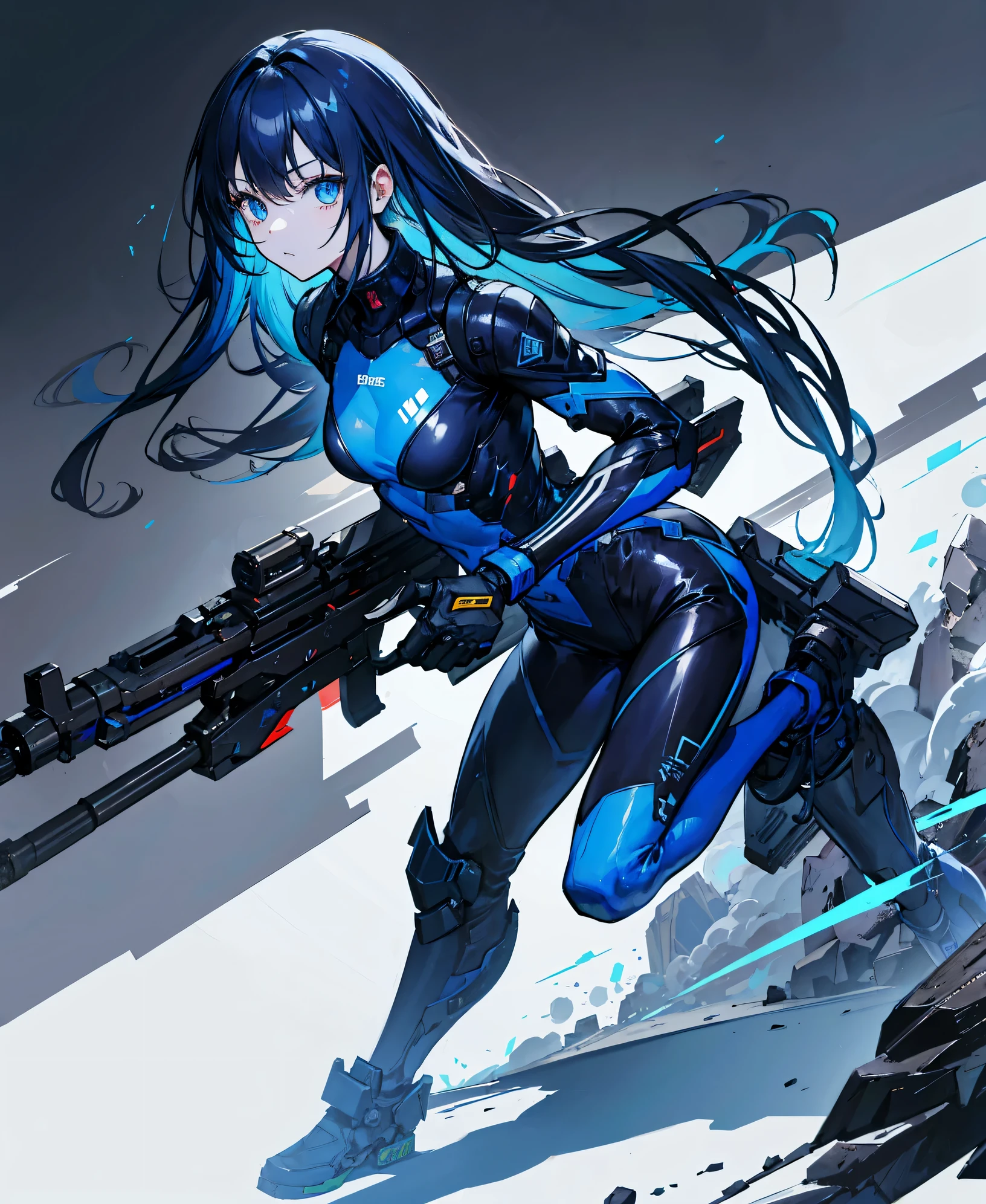 no background，girl，carry a firearm，Enamel-like tight suit，use of firearms，dark blue long hair，attention arousal，blue colored eyes,no gradation
