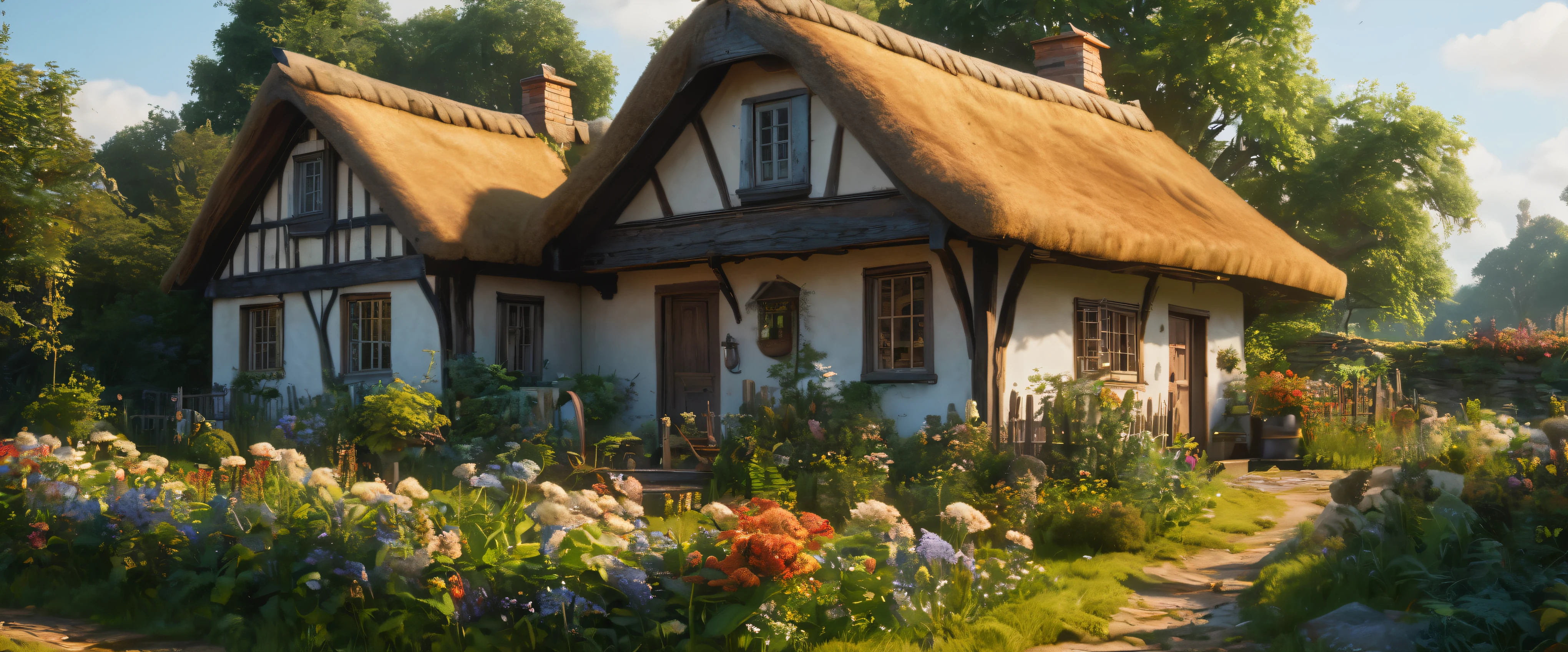 (best quality,8k,highres:1.2),(hyperrealism:1.1),rustic colors,sharp focus,insanely detailed,(2k1:1.1) style landscape scene,ultra-detailed rendering,impressively lifelike,rich and dynamic colors,epic beauty,meticulous composition of elements,painting of a cottage with a thatched roof and a fence, cottage, idyllic cottage, tomas kinkade, flowery cottage, cottages, abandoned cottage, cottage close up, kinkade, little cottage, rob mcnaughton, by James Ryman, by Wojciech Weiss, by Ma Wan, by Yang J, by Ma Shi, by Brian Thomas,impressive level of intricate details,perfectly captured reflections,flawlessly executed lighting and shadows,immersive sense of depth and dimensionality,extraordinary level of realism creating a mesmerizing visual experience.