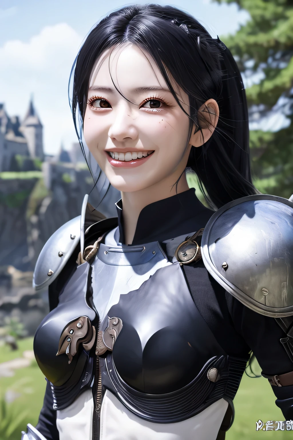 highest resolution, 4k, masterpiece: 1.3), japanese mature, photo of a woman, sexy, fine eyes, slender body shape, realistic teeth, double eyelid, full body, highest quality, be familiar with, equipped with armor, in a fantasy world, The background is a castle、black hair、smile、beautiful teeth