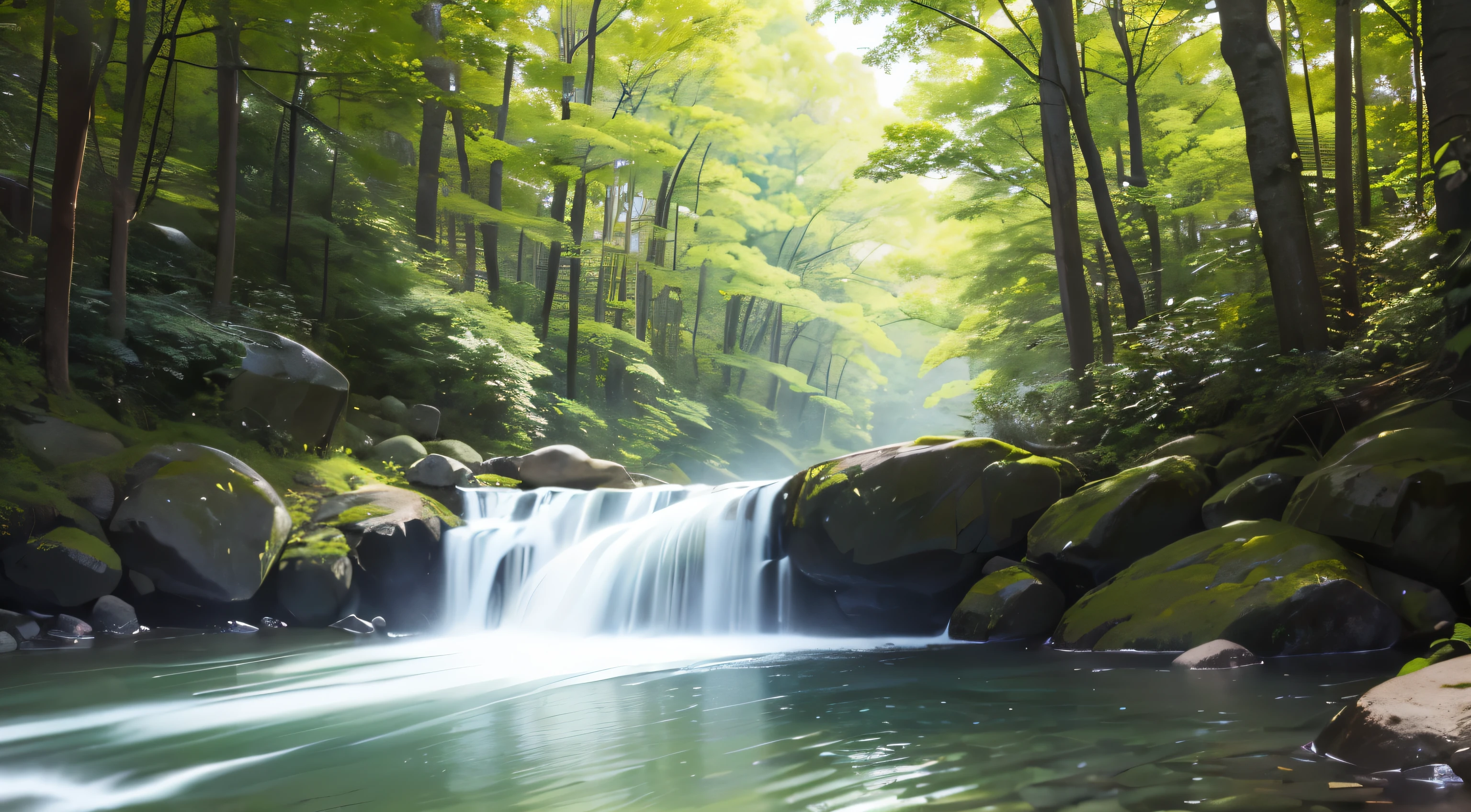 I took a photo of a peaceful moment spent in nature..。wood々Imagine a peaceful landscape bathed in soft morning light.。.。a gentle meandering stream、Surrounded by lush greenery。The overall atmosphere is calm and connected to the natural world.、Highlights the beauty and serenity of outdoor moments。