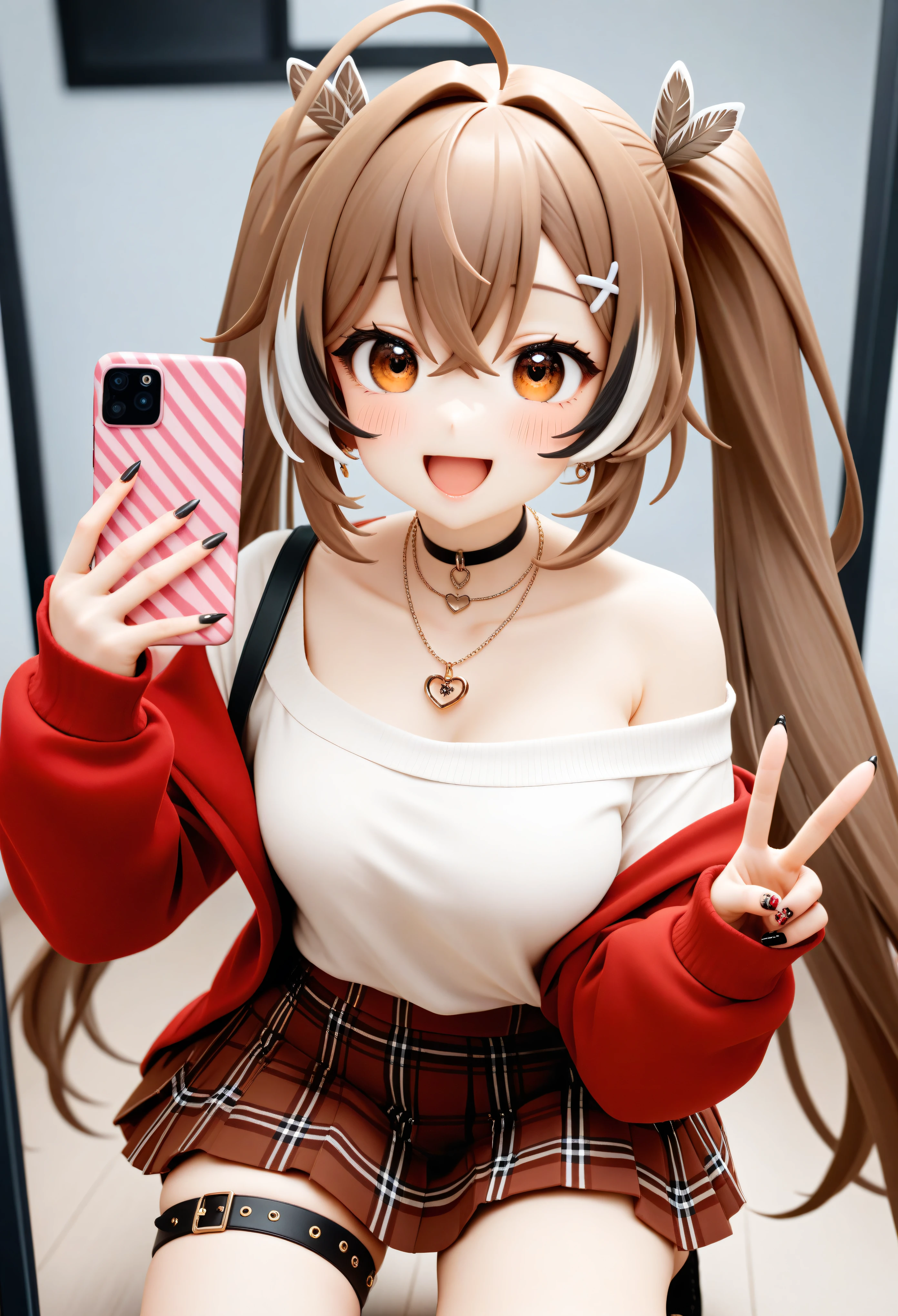 1girl, nanashi mumei, phone, brown hair, virtual youtuber, v, streaked hair, cellphone, skirt, brown eyes, plaid skirt, ahoge, multicolored hair, choker, plaid, shirt, black choker, necklace, jewelry, smile, holding phone, smartphone, long hair, solo, holding, thigh strap, twintails, selfie, sweater, black nails, fingernails, red shirt, nail art, official alternate costume, pleated skirt, looking at viewer, nail polish, open mouth, off shoulder, red skirt, sleeves past wrists, :d, squatting, heart, , masterpiece, best quality, very aesthetic, absurdres