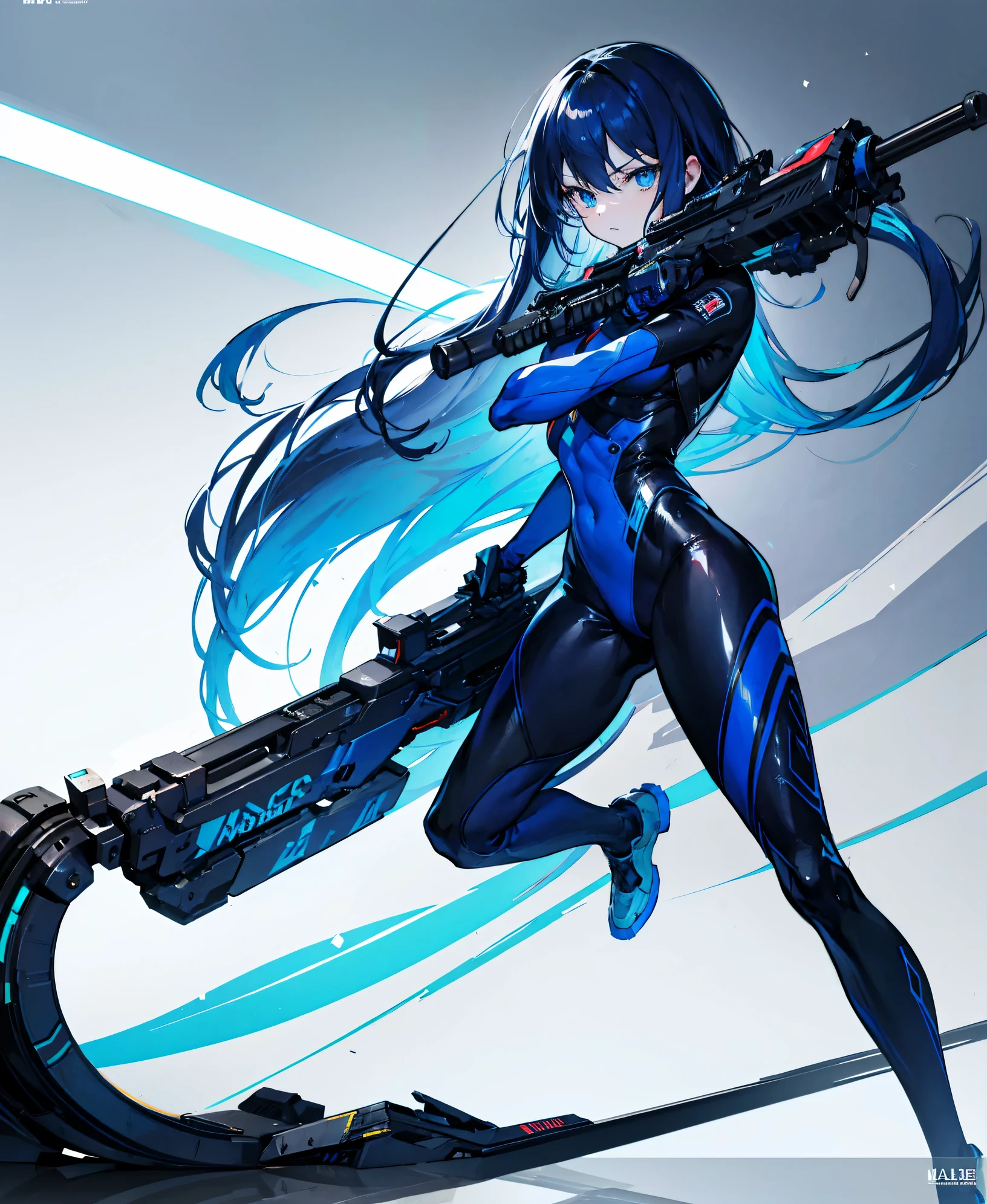 no background,girl,carry a firearm,Enamel-like tight suit,use of firearms,dark blue long hair,attention arousal,blue colored eyes,no gradation