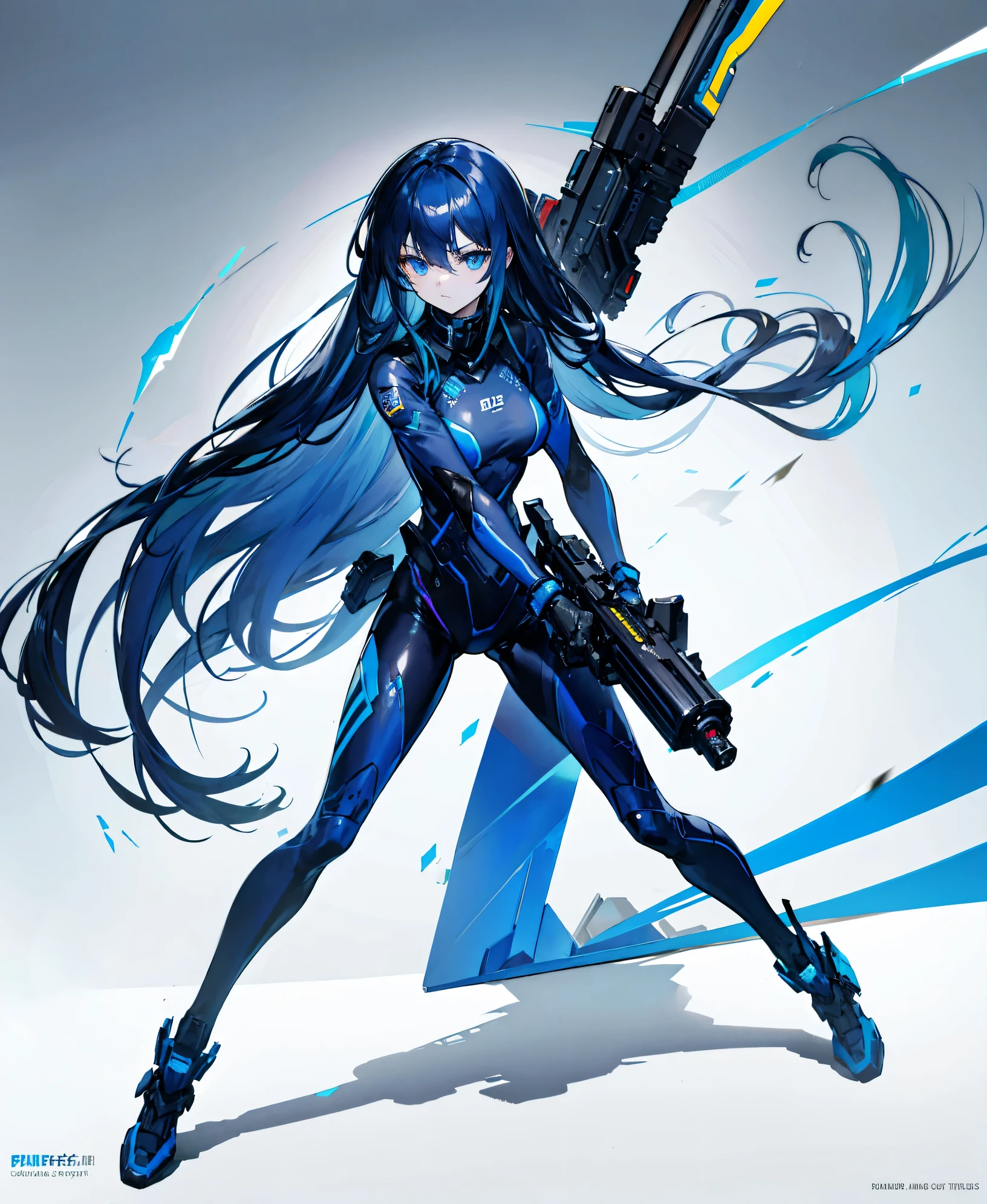 no background,girl,carry a firearm,Enamel-like tight suit,use of firearms,dark blue long hair,attention arousal,blue colored eyes,no gradation