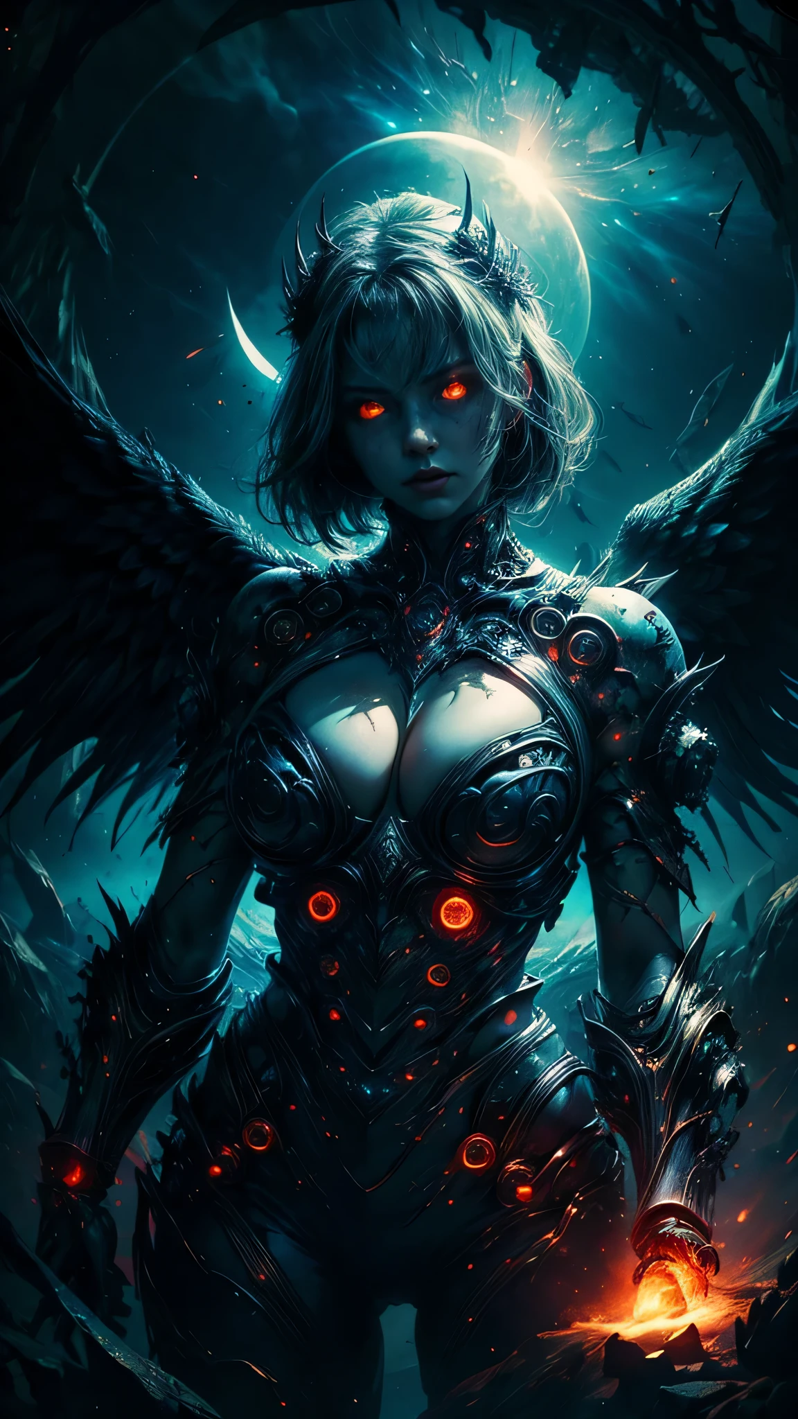 (best quality,4k,high-res,masterpiece:1.2),ultra-detailed,realistic:1.37,cosmic fallen angel,busty,glowing light eyes,biomechanical,eerie,creepy,brightly-colored,light particles,light glowing,mystical,medieval clothes,erotic