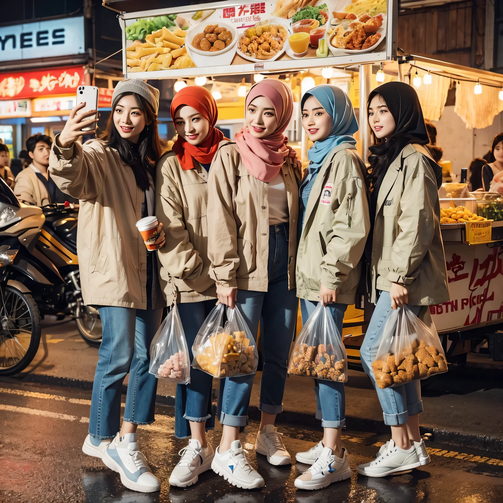 5 beautiful Asian women wearing canvas jackets with hijabs in contrasting colors and matching sneakers, standing in front of a Boba seller, holding plastic bags full of fried snacks and other treats with special effects, with a background of a street full of chicken noodle cart sellers, juice, and others, with beautiful lighting effects,.one people take to selfie no defect ✋ realistic HD photography, with additional people in the background