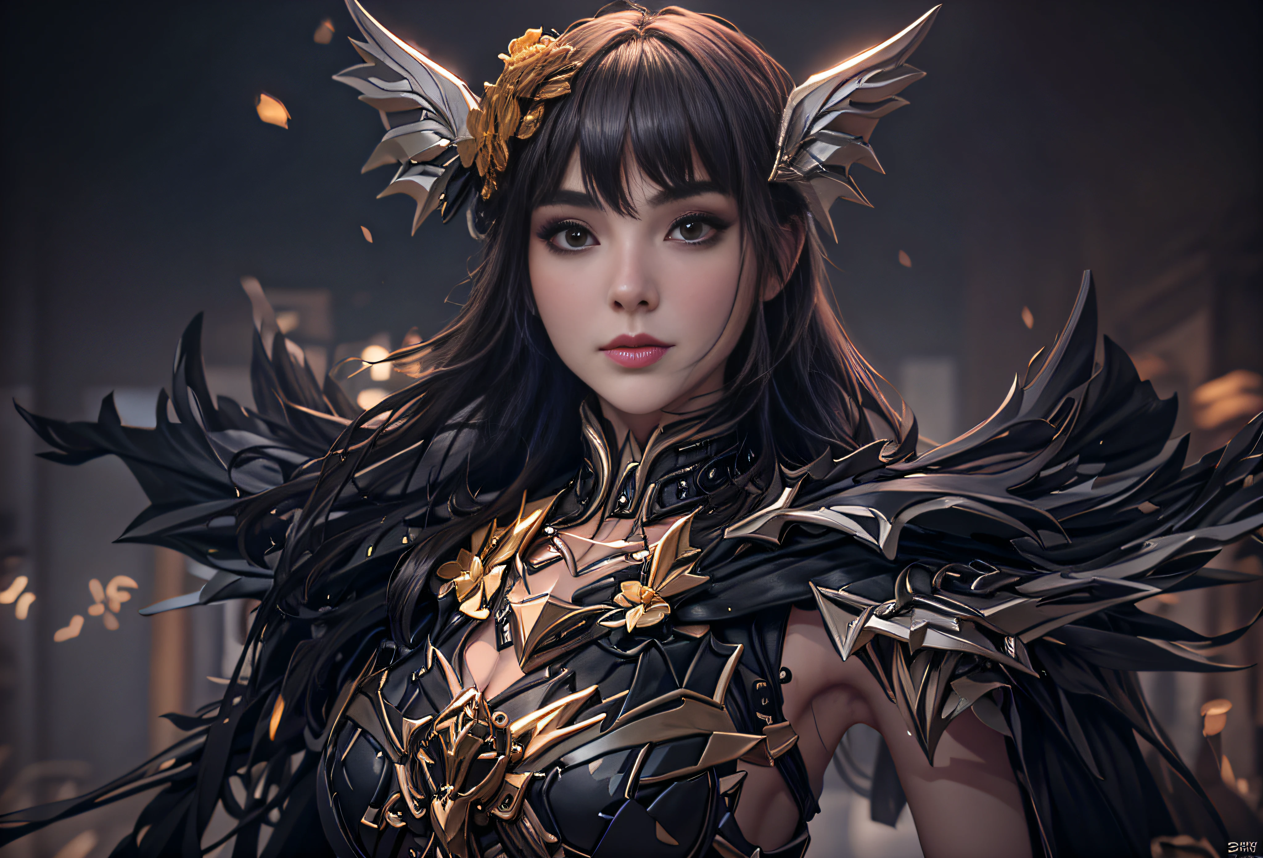  Create a detailed illustration of a fierce female warrior. She wears a headband adorned with intricate decorations, featuring a glowing red gem at its center. (Her shoulder guards have short), thick horns at their tips, surrounded by numerous bumps and ridges of various sizes. Her chest armor is shaped like a bikini but has a rugged, crustacean-like texture. She also wears matching gauntlets on her arms. A black cape flows behind her. Her eyes are sharp and filled with hostility. Her hair stands on end like a lion's mane, colored yellow with a streak of red running through the center, resembling flames.