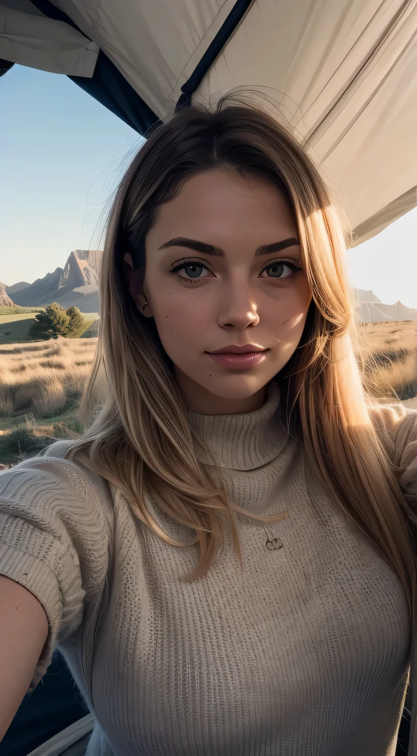 1 woman, American, beautiful, ((upper body selfie, happy)), Shooting in a tent, Beautiful backlight, Tent Open Sign,Masterpiece, Best Quality, Ultra-detailed, Solo, exteriors, (natta), mountains, Nature, (sao, the moon) cheerful, happy,, Cosy in a sleeping bag, Inside the tent, When you open the tent, You can see some nice horsemen outside.., woods, rock formations, rivers, wood, smoke, shadowy, contrast, clear skies, analog style (looking up at viewer:1.2) (skin texture) (film grain:1.3), (warm hue, warm tone:1.2), close-up, Cinematic light, Sidelighting, The ultra-Highres, best shadows, .....raw, upper half body, wearing pullover, Relaxed and intimate photos, with long blond hair, (A wide range of fashions),