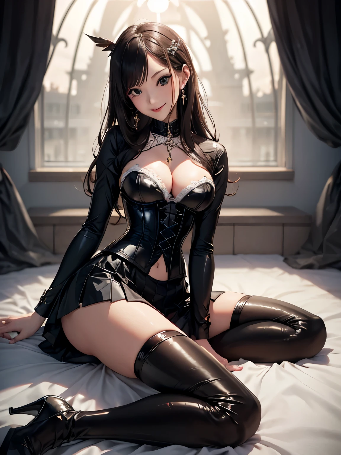((Biologically correct number of limbs))、(( Full body photo including face))、4K、standing position、masterpiece、((focus on the face))、((Symmetrical facial features))、Eyes of minute description、Beautiful woman、outstanding style、beautiful arms、beautiful legs、beautiful hands、(small ass、thin thighs)、Detailed depiction of faces、small earrings、necklace、(latex shirt、latex bra、latex corset、latex skirt、latex stockings、high heels))、holiday morning park、close up of face、smile、Bewitching