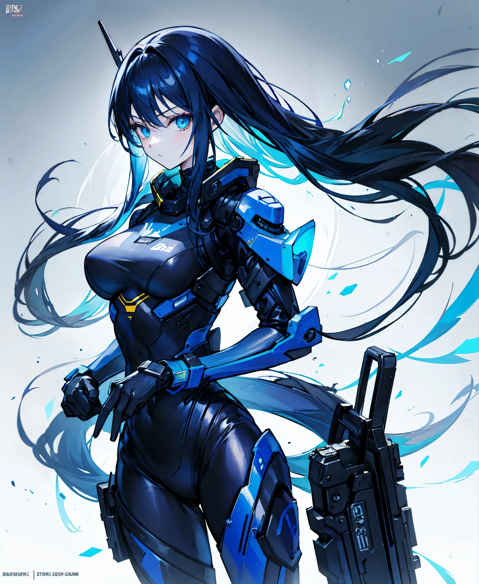 no background，girl，carry a firearm，Enamel-like tight suit，use of firearms，dark blue long hair，attention arousal，blue colored eyes,no gradation