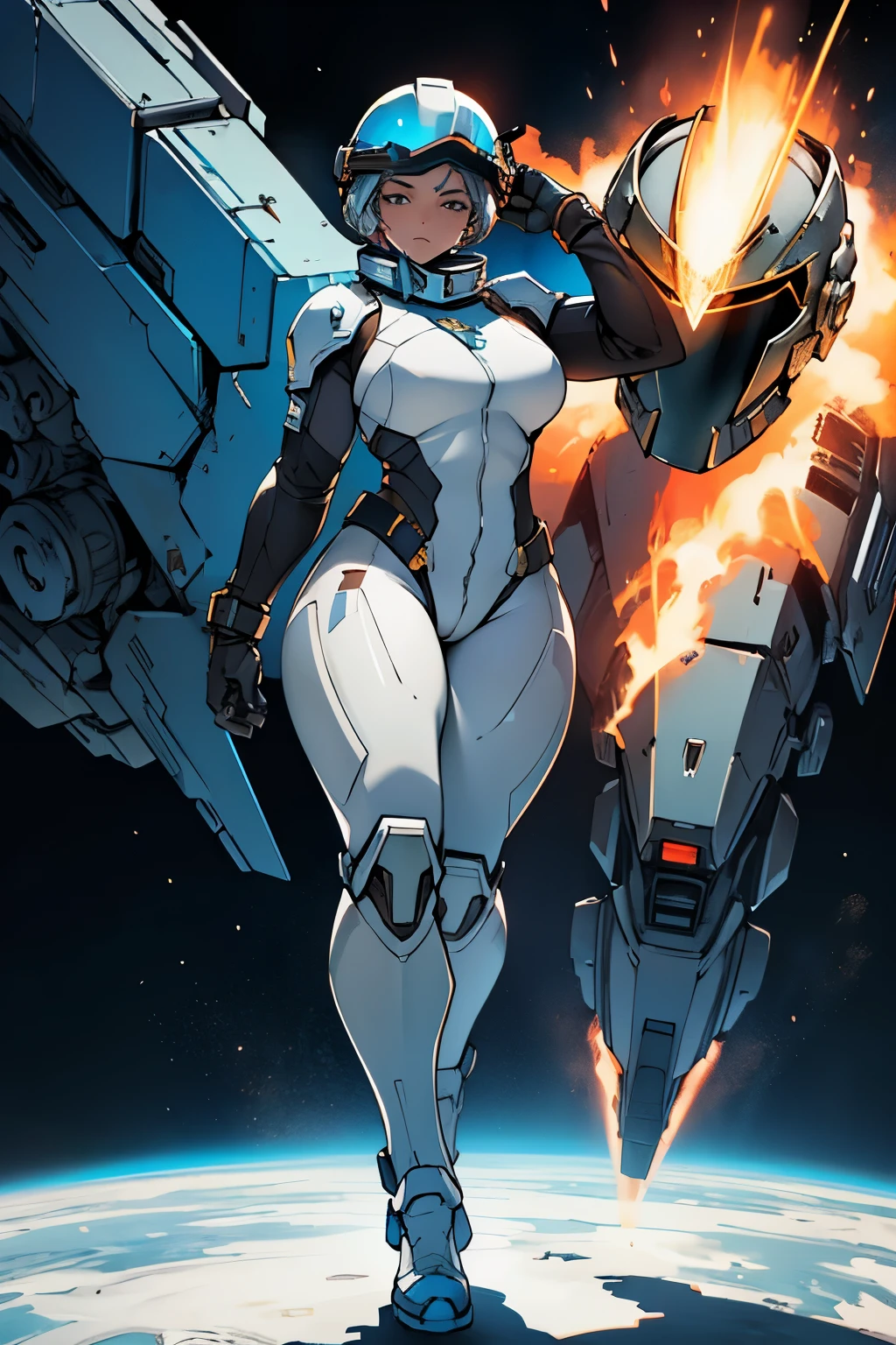 high quality, 8K Ultra HD, full body, female space marine, athletic build, feminine curves, (((holding her helmet under her arm))). fierce look in her face, taking off her mech-suit