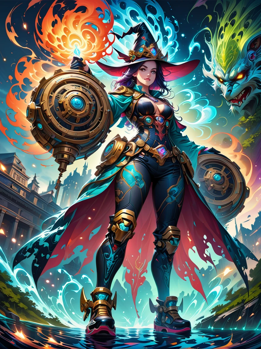 Mechanical Witch,celestial glow、wing、Extremely gorgeous and exaggerated clothing,Ethereal and fresh,Ernst Haeckel、James Jean。generative art, Baroque, complex patterns, Fracturism, The film is still there, Realism, complex, grace, Highly detailed, artstation, smooth, sharp focus, illustration, transcend, Steamer, full body shot, Demonic energy holds different monsters, from the perspective below, laughter