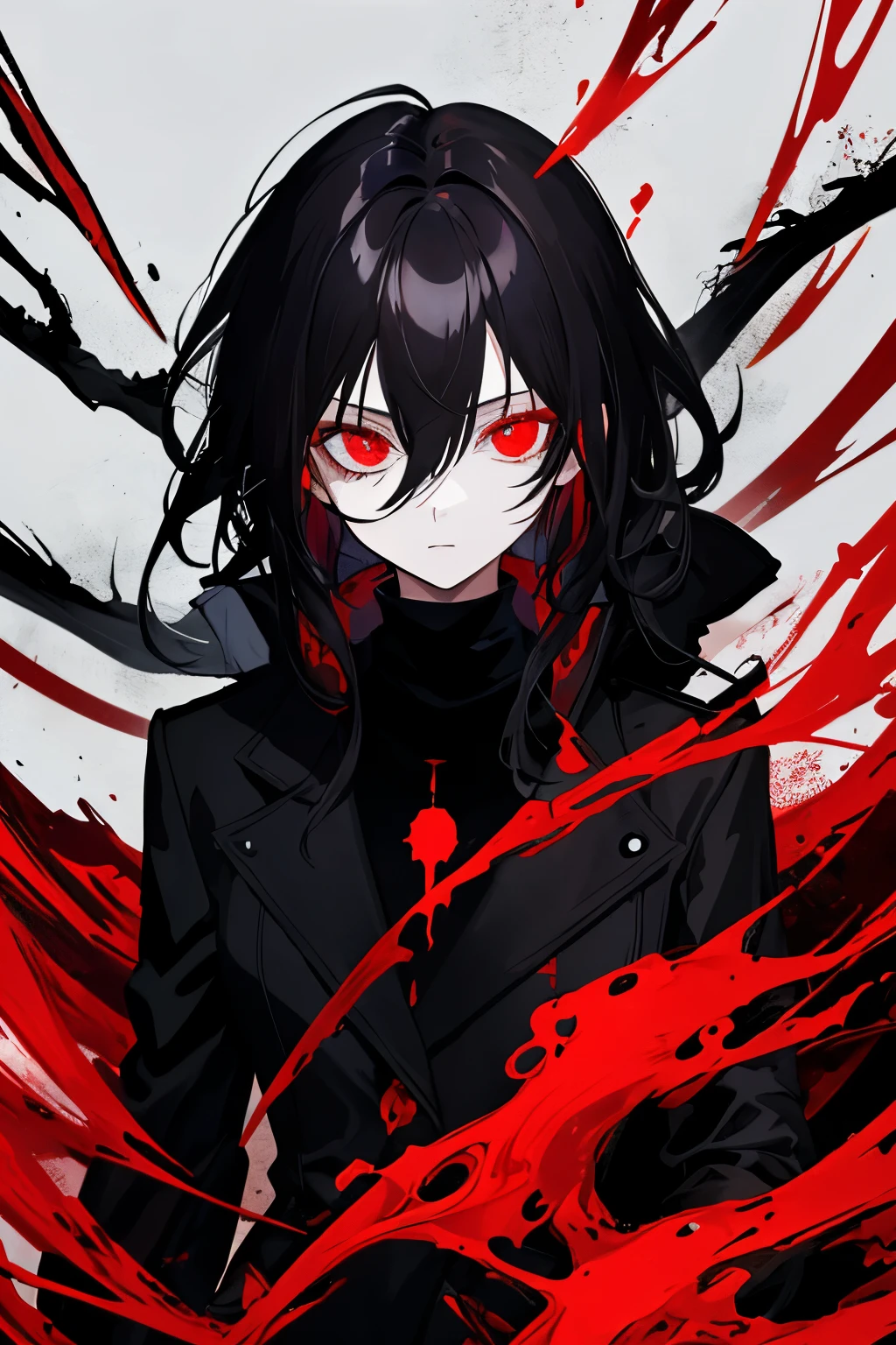 masterpiece, best quality, 1girl, black hair, messy hair, glowing red eyes, medium hair, hair between eyes, turtleneck, long coat, silhouette, horror, dark theme, limited pallet, entangled, rose, asymmetry, abstract background,