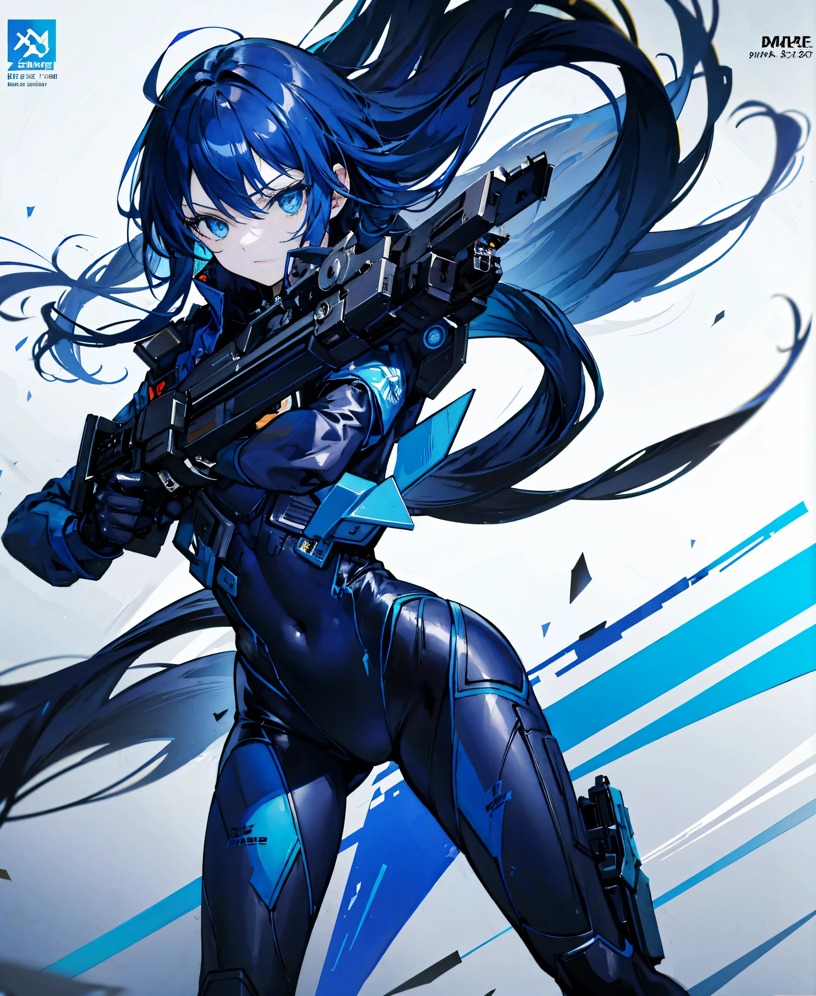 no background，girl，carry a firearm，Enamel-like tight suit，use of firearms，dark blue long hair，attention arousal，blue colored eyes,no gradation