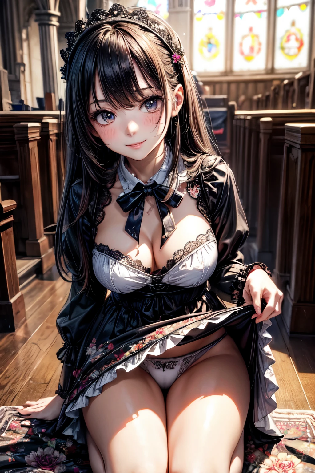 very cute and beautiful girl,(highly detailed beautiful face),
(smile:1.15),blush,black hair,cowboy shot,looking at viewer,kneeling,
(floral pattern brown ta dress with detailed frills),detailed lace,skirt lift,(white panties),
altar,church,indoors,
(best quality,masterpiece:1.0),absurdres,highres,ultra-detailed,extremely detailed,32k,8k resolution,
intricate details,cinematic scene,detailed background,solo,dynamic angle,