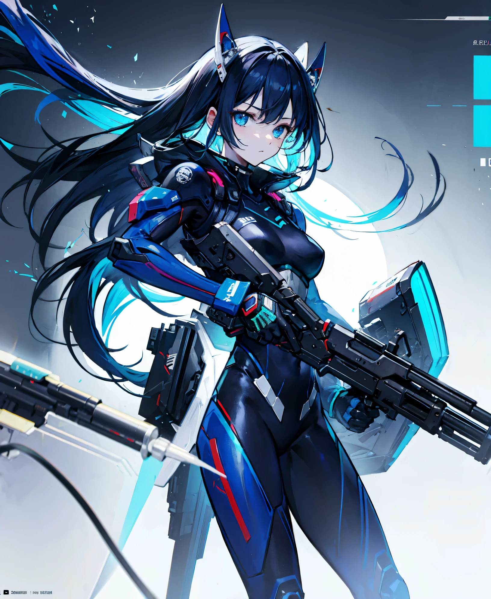no background，girl，carry a firearm，Enamel-like tight suit，use of firearms，dark blue long hair，attention arousal，blue colored eyes,no gradation