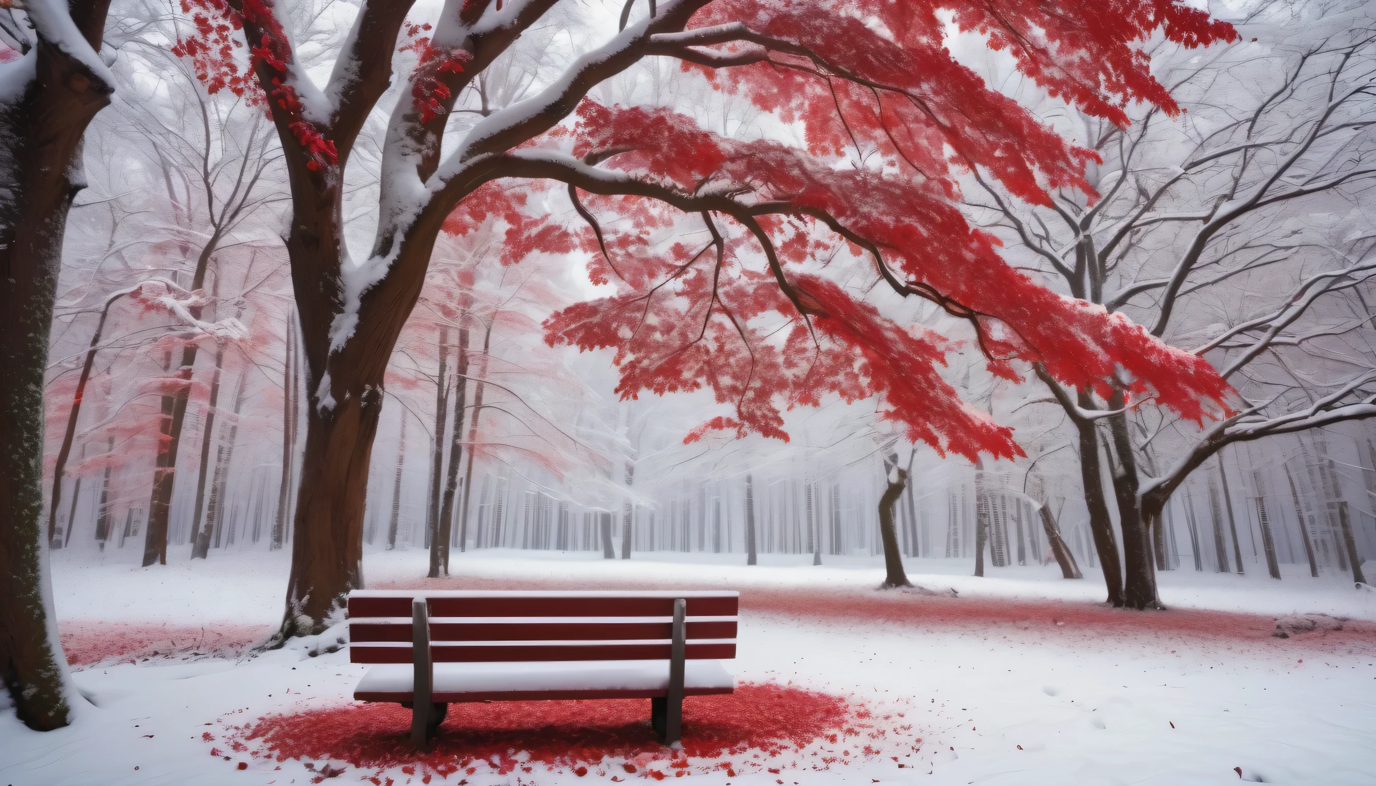 a big tree with red leaves covered with snow in the red forest, a wooden bench next to the tree, a lot of falling snow, a forest covered with snow,UHD,(Best Quality),(Masterpiece Photos), (Details:1.4),(8k Highly Detailed)(Best Quality),(Best Shading)