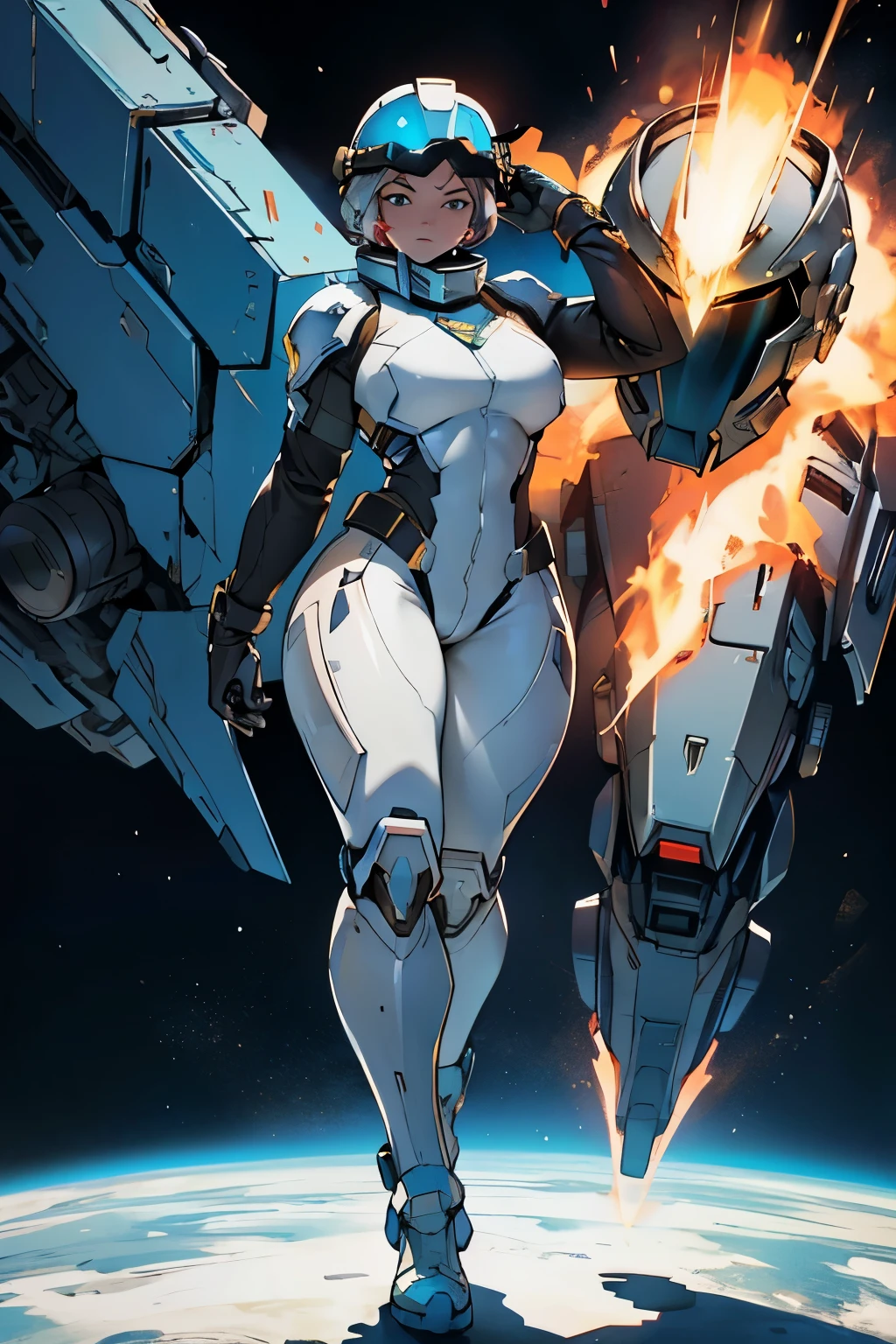 high quality, 8K Ultra HD, full body, female space marine, athletic build, feminine curves, (((holding her helmet under her arm))). fierce look in her face, taking off her mech-suit