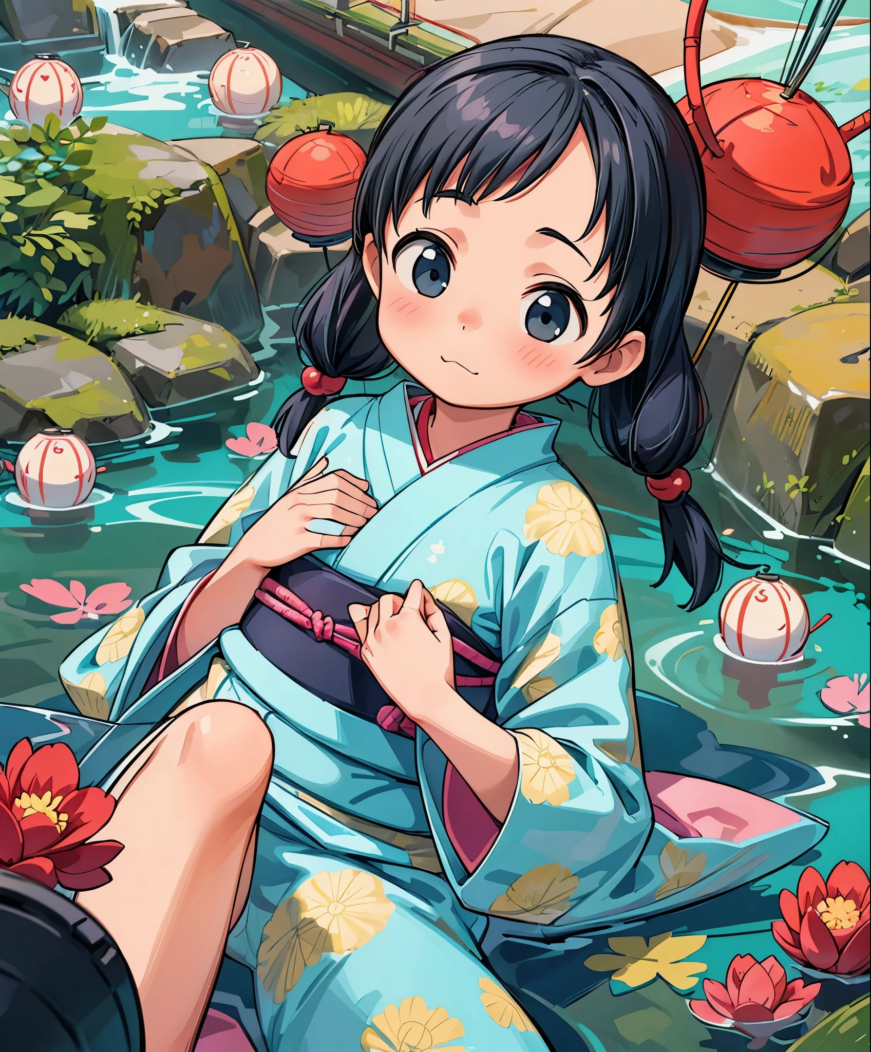 (masterpiece、highest quality、highest quality、official art、beautiful beautiful:1.2)、(1 girl:1.3)Hatsune Miku、twin tails,big breasts,((master masterpiece)), ((best image quality)), An illustration, girls１everyone, hair color, bangs, hairstyle fax,Cat ear、 Portrait from the waist up, thin、Narrow waist、((small breast))、maiden、Kyoto、black hair、((Swimsuit like a kimono))、、Japan Playground、emotionless、Oiran hairstyle、Japan、lantern、