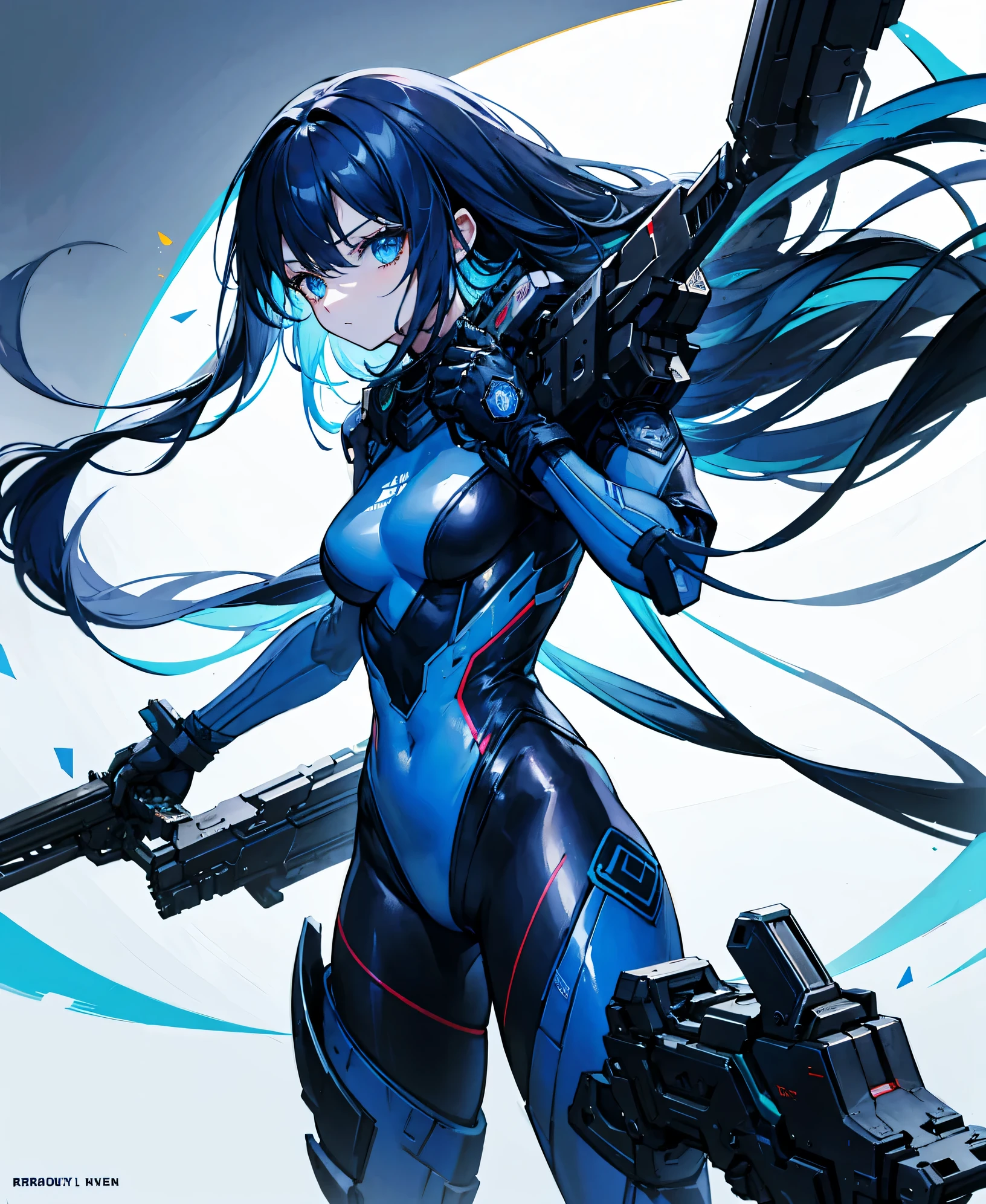no background,girl,carry a firearm,Enamel-like tight suit,use of firearms,dark blue long hair,attention arousal,blue colored eyes,no gradation