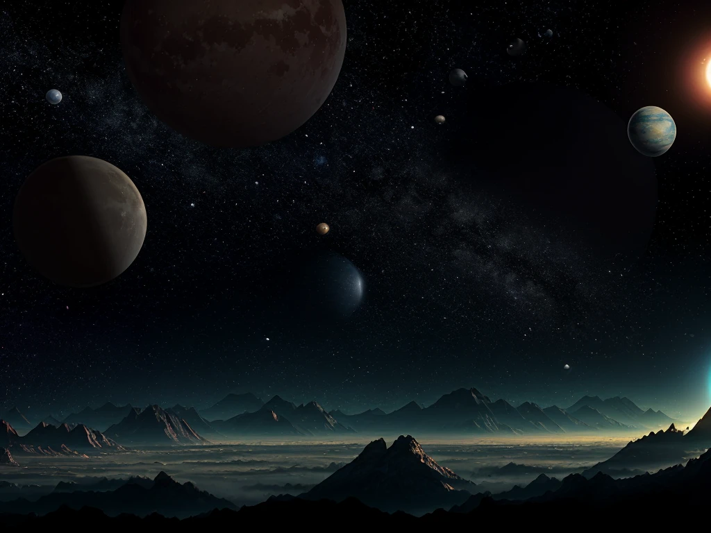 8k quality, a distant planet, with two moons orbiting the planet (one larger and one smaller), lush vegetation, alien animals, vivid colors, mountains in the background, panorama photo.