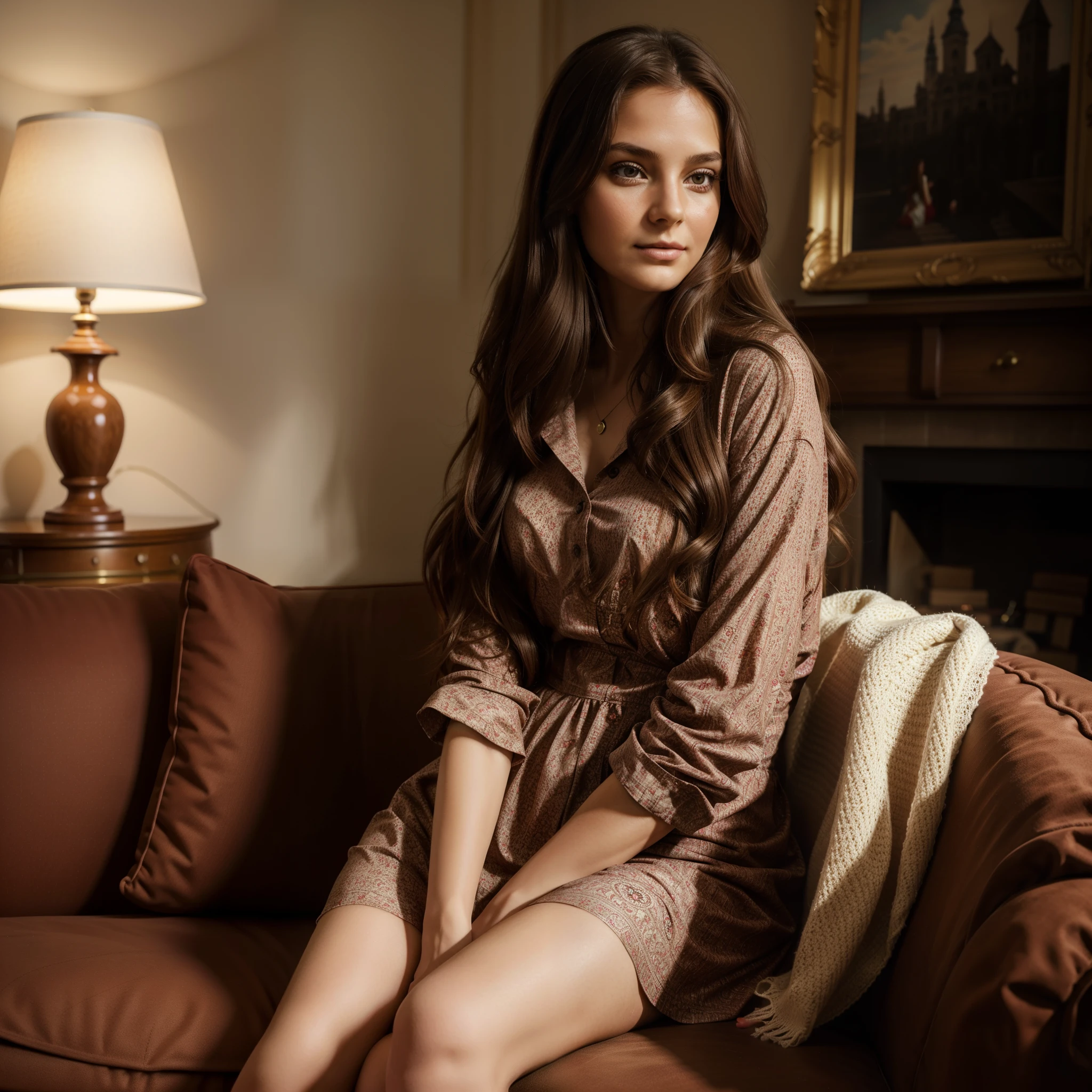 visage, long_cheveux, wavy hair, brown hair, magnifique, Fille de la ville, clivage, occidental, chemise rouge et mini jupe , fille chaude, sitting on the sofa   (Masterpiece), Best quality, High resolution, Extremely detailed, Interior background, profondeur de champ, lighting cinematic,