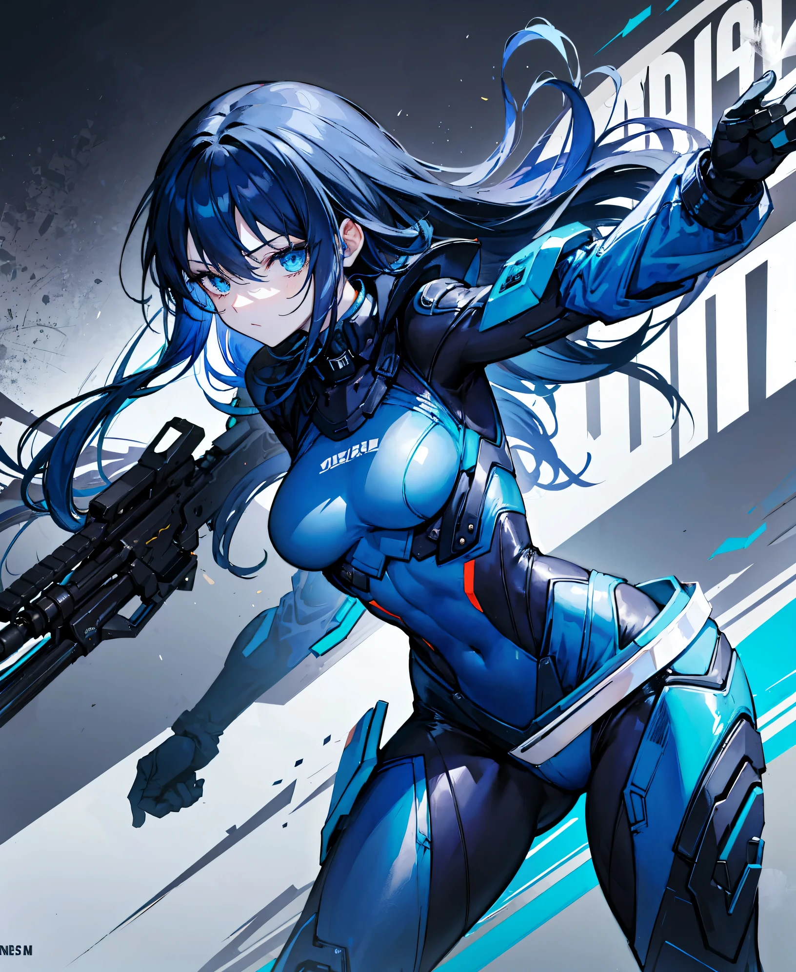 no background,girl,carry a firearm,Enamel-like tight suit,use of firearms,dark blue long hair,attention arousal,blue colored eyes,no gradation