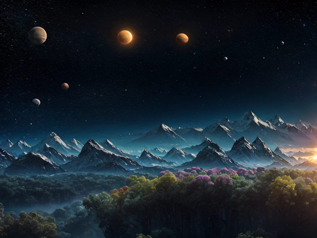 (best quality,8k,highres,masterpiece:1.2),a distant planet,2moons (with a larger one and a smaller one) orbiting the planet,lush vegetation,alien animals,vivid colors,mountains in the background,panorama photo