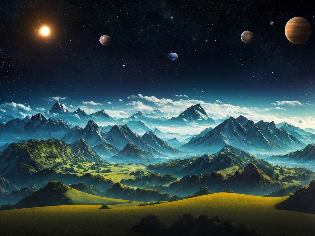 (best quality,8k,highres,masterpiece:1.2),a distant planet,2moons (with a larger one and a smaller one) orbiting the planet,lush vegetation,alien animals,vivid colors,mountains in the background,panorama photo