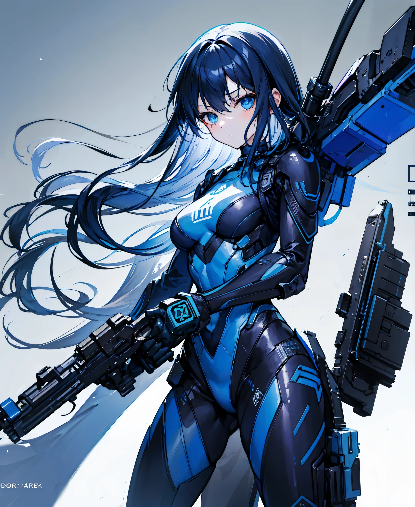 no background,girl,carry a firearm,Enamel-like tight suit,use of firearms,dark blue long hair,attention arousal,blue colored eyes,no gradation