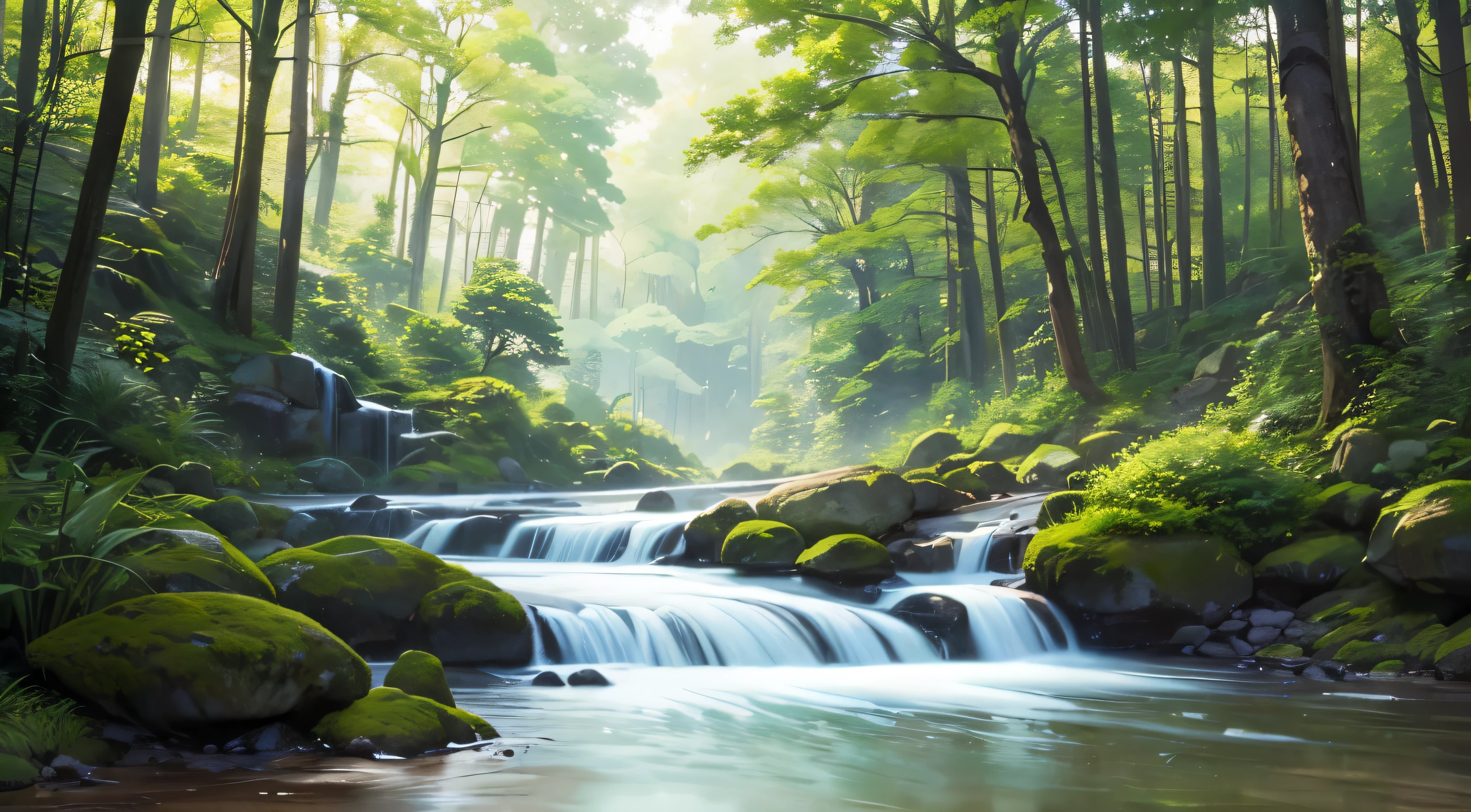 I took a photo of a peaceful moment spent in nature..。wood々Imagine a peaceful landscape bathed in soft morning light.。.。a gentle meandering stream、Surrounded by lush greenery。The overall atmosphere is calm and connected to the natural world.、Highlights the beauty and serenity of outdoor moments。