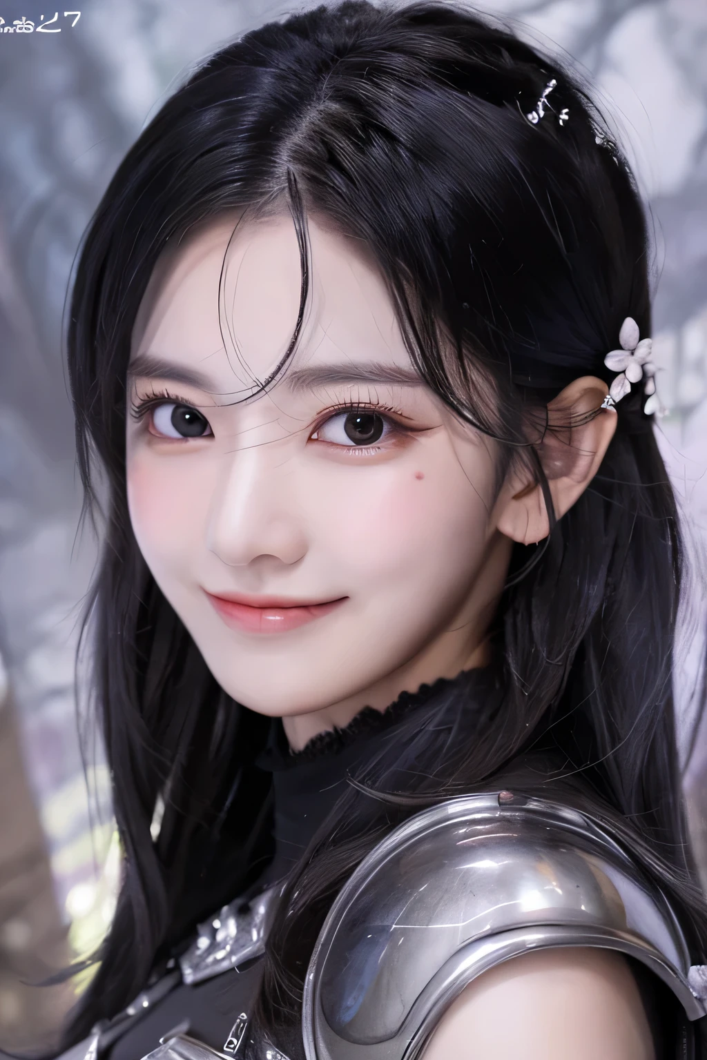 highest resolution, 4k, masterpiece: 1.3), japanese mature, photo of a woman, sexy, fine eyes, slender body shape, realistic teeth, double eyelid, full body, highest quality, be familiar with, equipped with armor, in a fantasy world, The background is a castle、black hair、ear piercing、smile、beautiful teeth