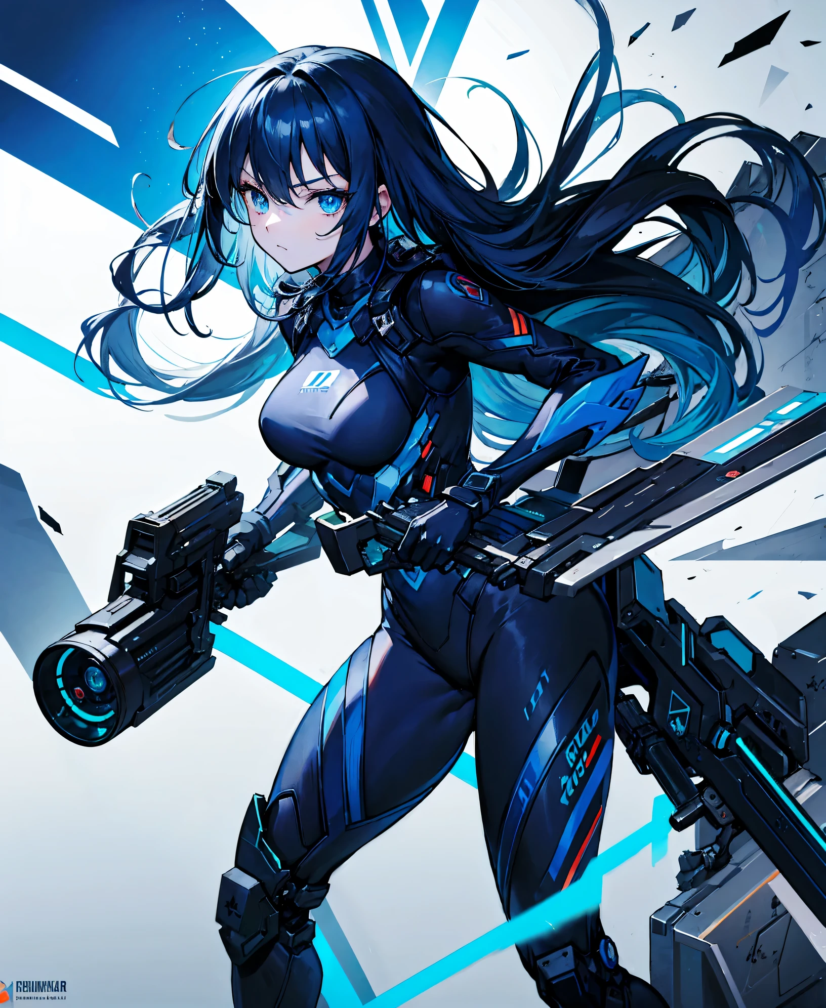 no background,girl,carry a firearm,Enamel-like tight suit,use of firearms,dark blue long hair,attention arousal,blue colored eyes,no gradation