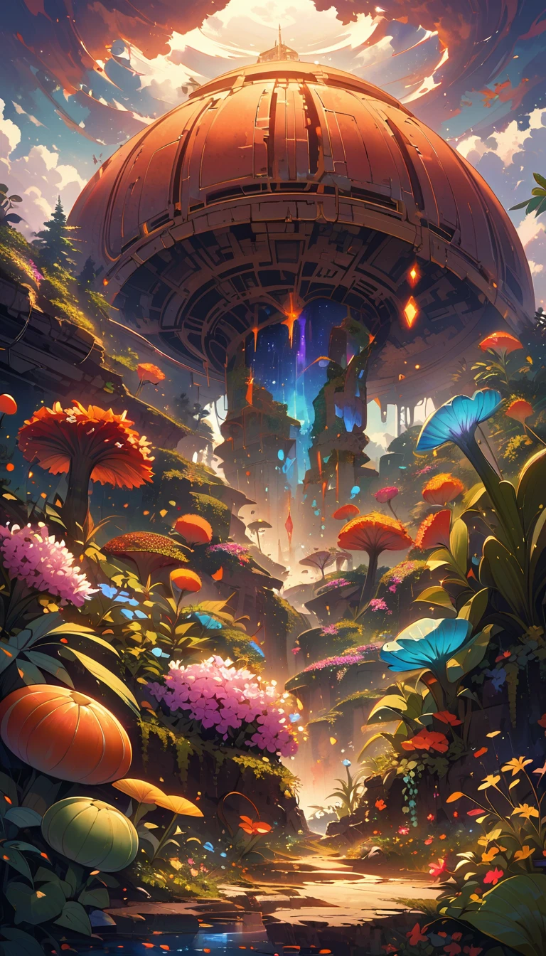 Create otherworldly landscape images, Exotic plants and animals thrive in unfamiliar environments. The sky should be deep, Bright colors unlike those seen on Earth, Multiple satellites or objects are visible. TerrainRugged，Rugged, Glowing crystals stick out from the ground. exception, Bioluminescent plants should be scattered around, Cast a strange light. in the distance, Tall spiers or structures of unknown origin should be looming, hints at a civilization beyond our understanding. A world that exceeds our expectations and inspires the imagination.
