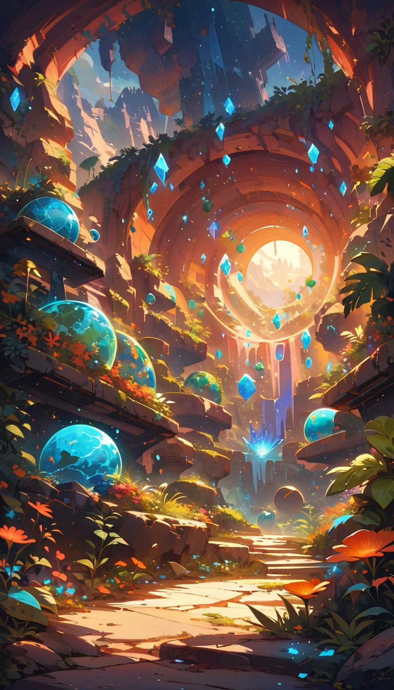 Create otherworldly landscape images, Exotic plants and animals thrive in unfamiliar environments. The sky should be deep, Bright colors unlike those seen on Earth, Multiple satellites or objects are visible. TerrainRugged，Rugged, Glowing crystals stick out from the ground. exception, Bioluminescent plants should be scattered around, Cast a strange light. in the distance, Tall spiers or structures of unknown origin should be looming, hints at a civilization beyond our understanding. A world that exceeds our expectations and inspires the imagination.