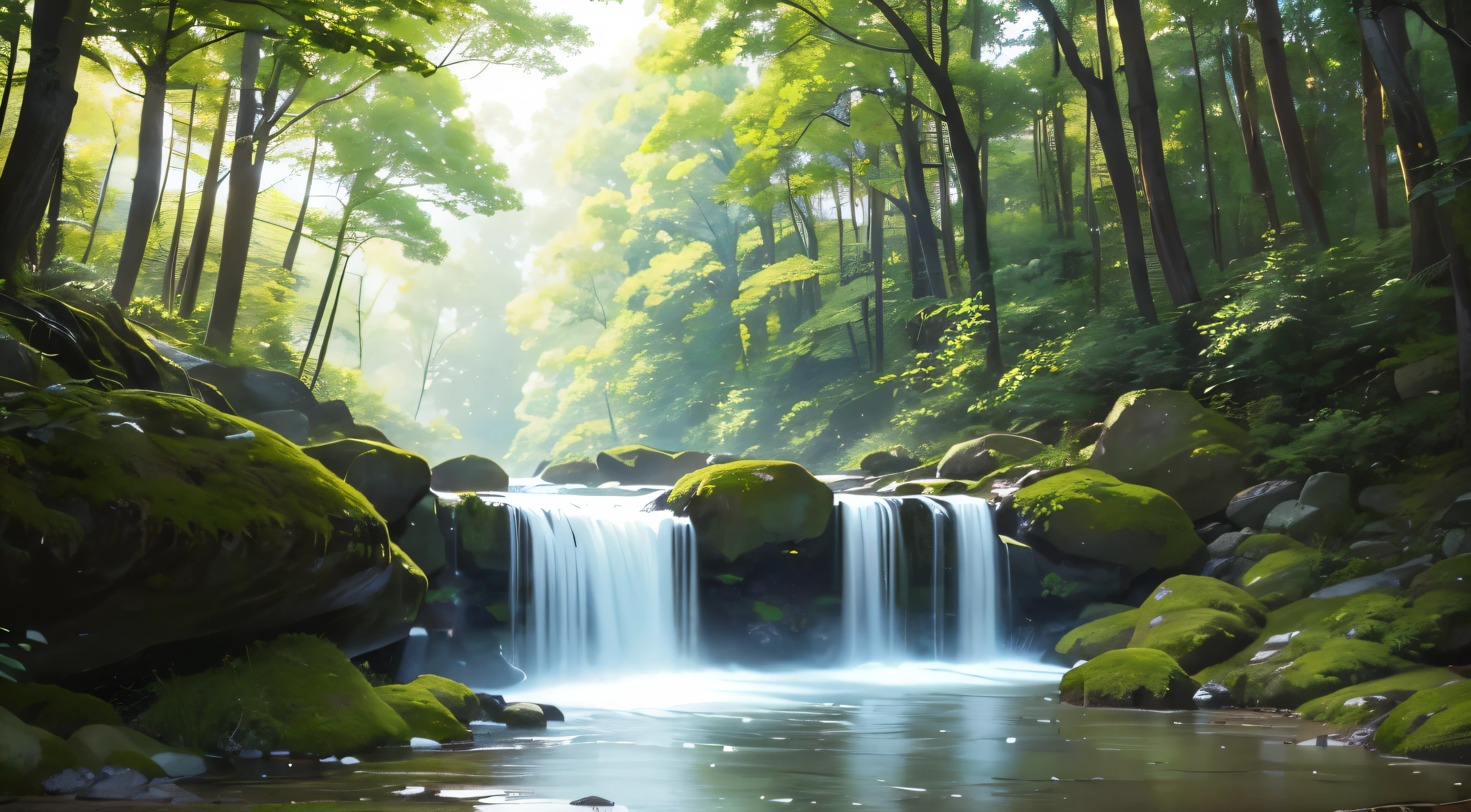 I took a photo of a peaceful moment spent in nature..。wood々Imagine a peaceful landscape bathed in soft morning light.。.。a gentle meandering stream、Surrounded by lush greenery。The overall atmosphere is calm and connected to the natural world.、Highlights the beauty and serenity of outdoor moments。