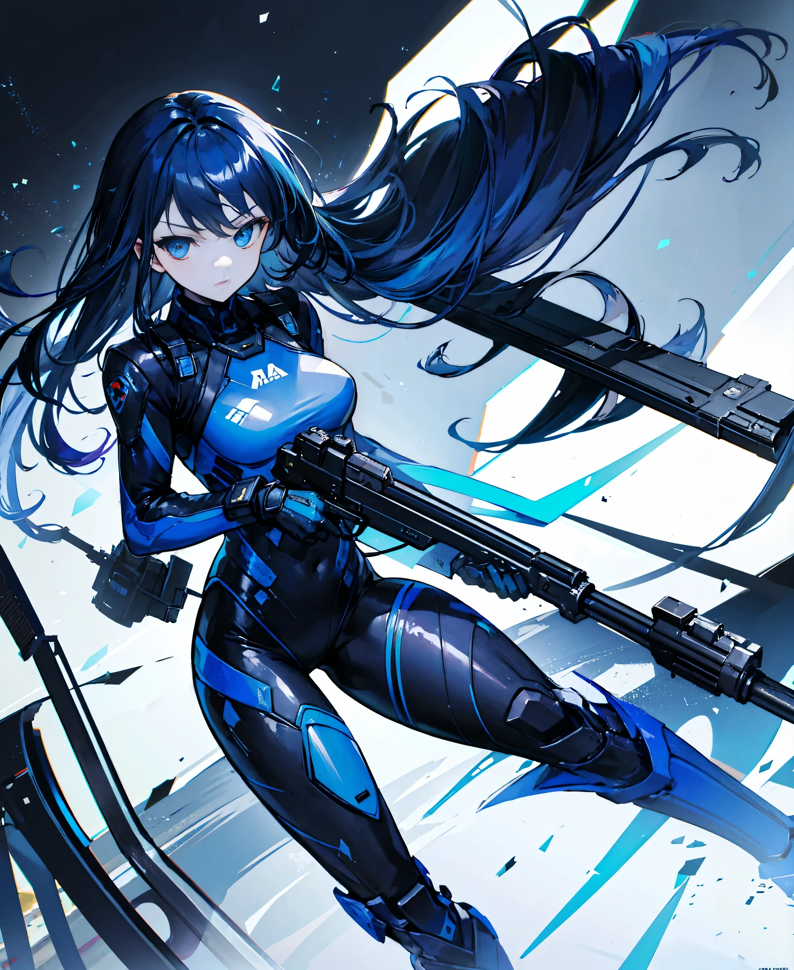 no background，girl，carry a firearm，Enamel-like tight suit，use of firearms，dark blue long hair，attention arousal，blue colored eyes,no gradation