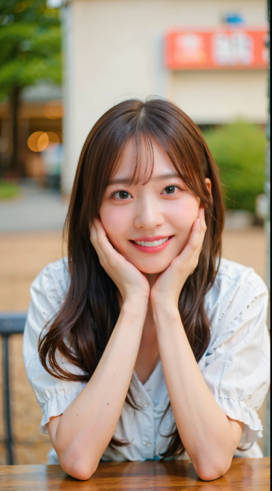 (8K、Raw photo、highest quality、masterpiece:1.3)、(realistic、Photoreal)、(very big breasts:1.1)、perfect limbs、bustling street、city、outdoor、spread both hands wide、show your palm、show your side、raise hand、Upper body、table top